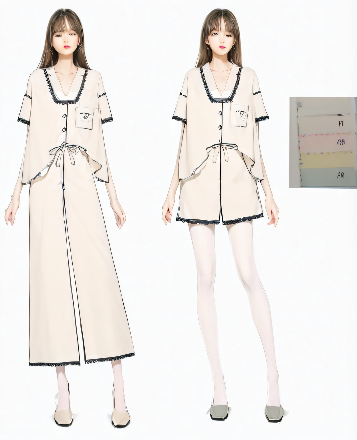 Close-up of a woman in a dress and tie, clothing design, pyjamas, loose coat collar sailor uniform, clean lineart and flat color, ( ivory black ), rendering, clothing design, avant designer uniform, wearing white pajamas, detailed fashion illustration, designed for cozy aesthetics!, fashion design, front side views full, clothing concept, soft outline