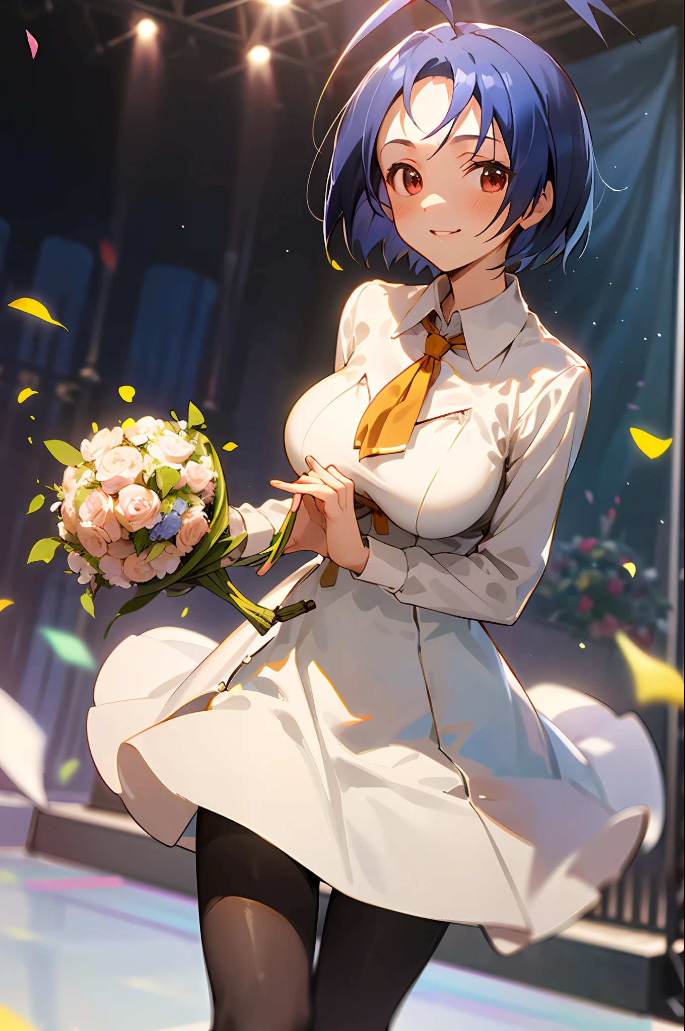 (masutepiece, Best Quality:1.2), Cowboy Shot, Solo, 1girl in, Azusa Miura, Smile,((Wearing a white dress)),  ((Stand on the idle stage)), ((hold a large bouquet of flowers in front of your chest with both hands,)), ((perfect fingers)), Looking at Viewer, Ahoge, ((Large breasts)), Collared shirt, Long sleeves, Skirt, pantyhose