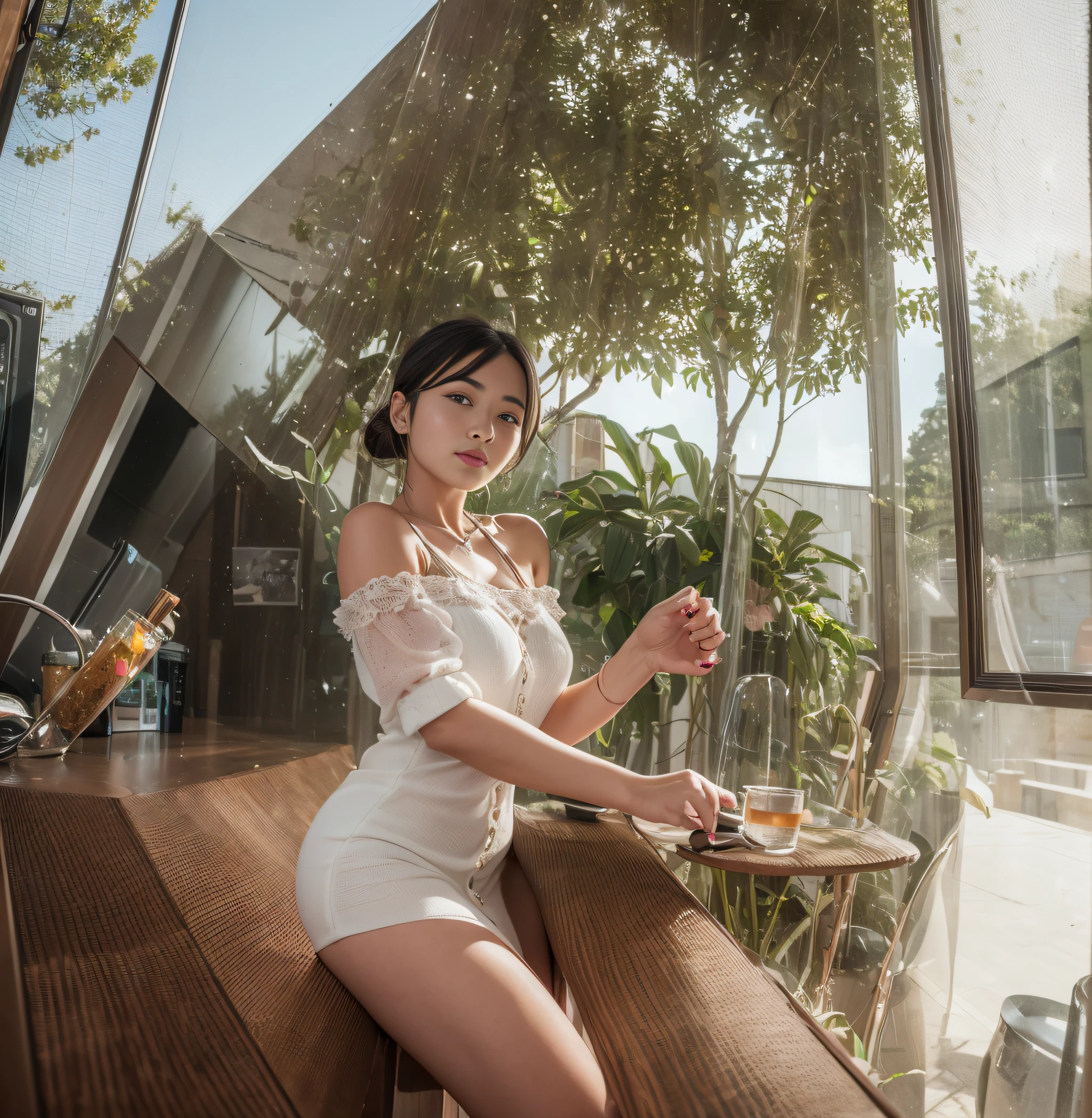 ((Best Quality)), ((masutepiece)), , Majestic and intricately detailed breaks,(Face in frame:1.2), Amazingly gorgeous woman with sensually beautiful details (big butt:0.8), (coffee shop:1.2, Wooden Bar Counter:1.2, Steampunk environment:1.2, the complex background:1.2), Long wavy hair, (Whitehead bow:1.2, Complex white mini dress with fluffy sleeves:1.2), (Perfect eyes:1.2), (Perfect hands:1.2), (Perfect fingers:1.2), (Perfect legs:1.2), (toned physique:1.2), High quality RAW photos, Bold and attractive features, Hyper Detailed, Hyper realistic, Wonderful and beautiful, Hasselblad 35mm Lens, ISO 400, (lift up one's skirt:1.1), Medium full shot, Skin Tight, No_Underwear, Smiling, Text centered in the frame (Extremely detailed:1.3), (1girl in:1.2), inside in room, tree,plant, Trees, (a celestial compass guiding her path), Mystical and wondrous, BREAK Utilizing a wide-angle lens to capture the expansive sky, Added a touch of lens flare