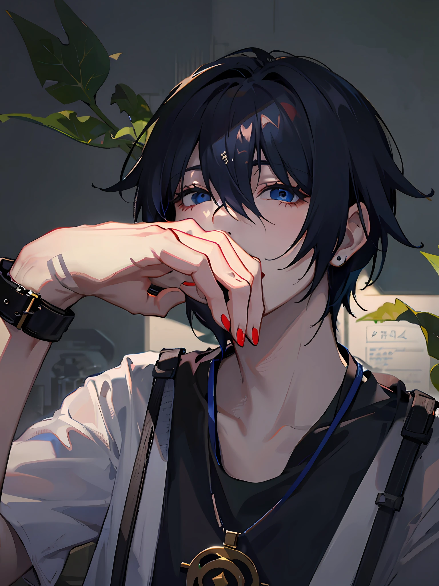 1boy, apple, bag, bangs, berry, black hair, black shirt, blue eyes, hair between eyes, jewelry, leaf, looking at viewer, male focus, necklace, pants, shirt, solo, watch, white pants, wristwatch, messy hair, trending on artstation, 8k resolution, highly detailed, anatomically correct, sharp image, digital painting, concept art, trending on pixiv, style of makoto shinkai,
