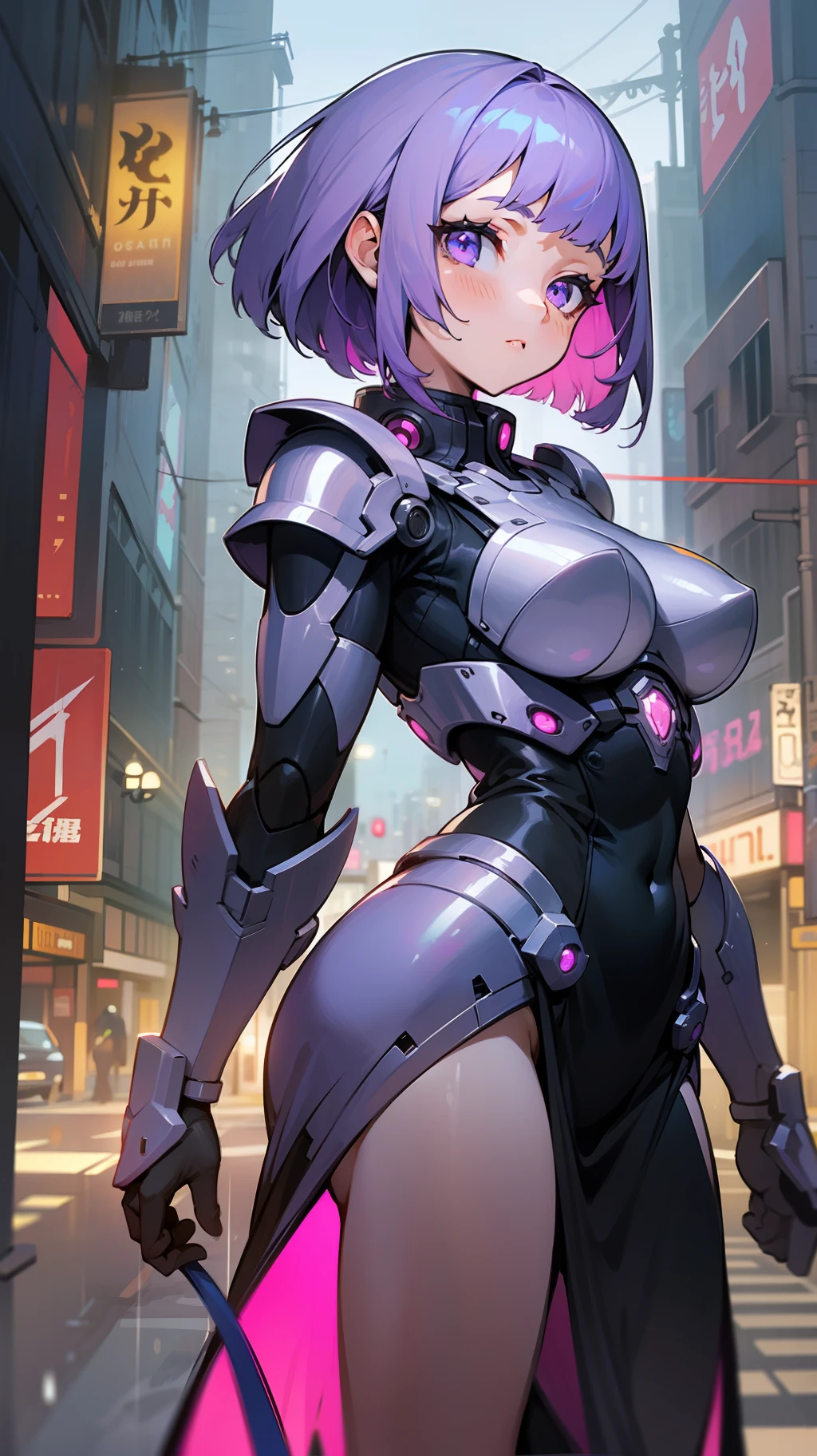 one woman Standing in the streets of Cyberpunk City,in the city at night, android girl,mecha girl, glowing body,silver body, it's raining lightly, posing,large breasts,short of a person,gleaming skin,armor dress, beautiful face,purple eyes, slanted eyes,thin eyebrows,thin lips, purple hair, bob hair,wave hair,from front,outdoor,night,Crowd of People,illustration style,masterpiece, extremely fine and beautiful,illustration,zoom up,