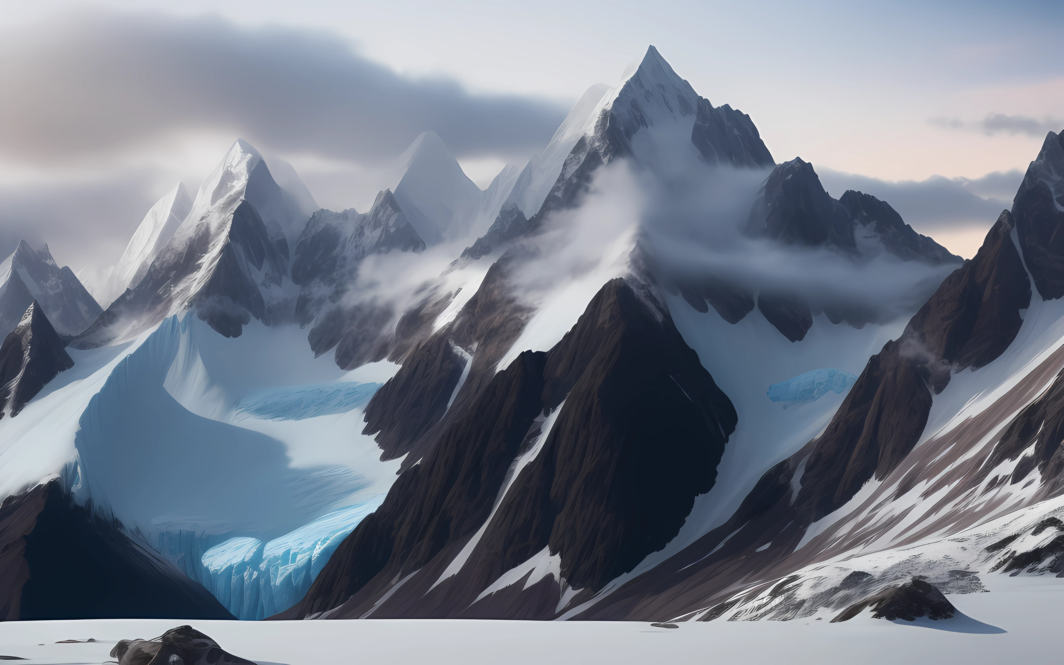 Snow-covered peaks，overcast day， snowy mountain landscape，Frozen，glacier，ice cubes，game background，high qulity，tmasterpiece，