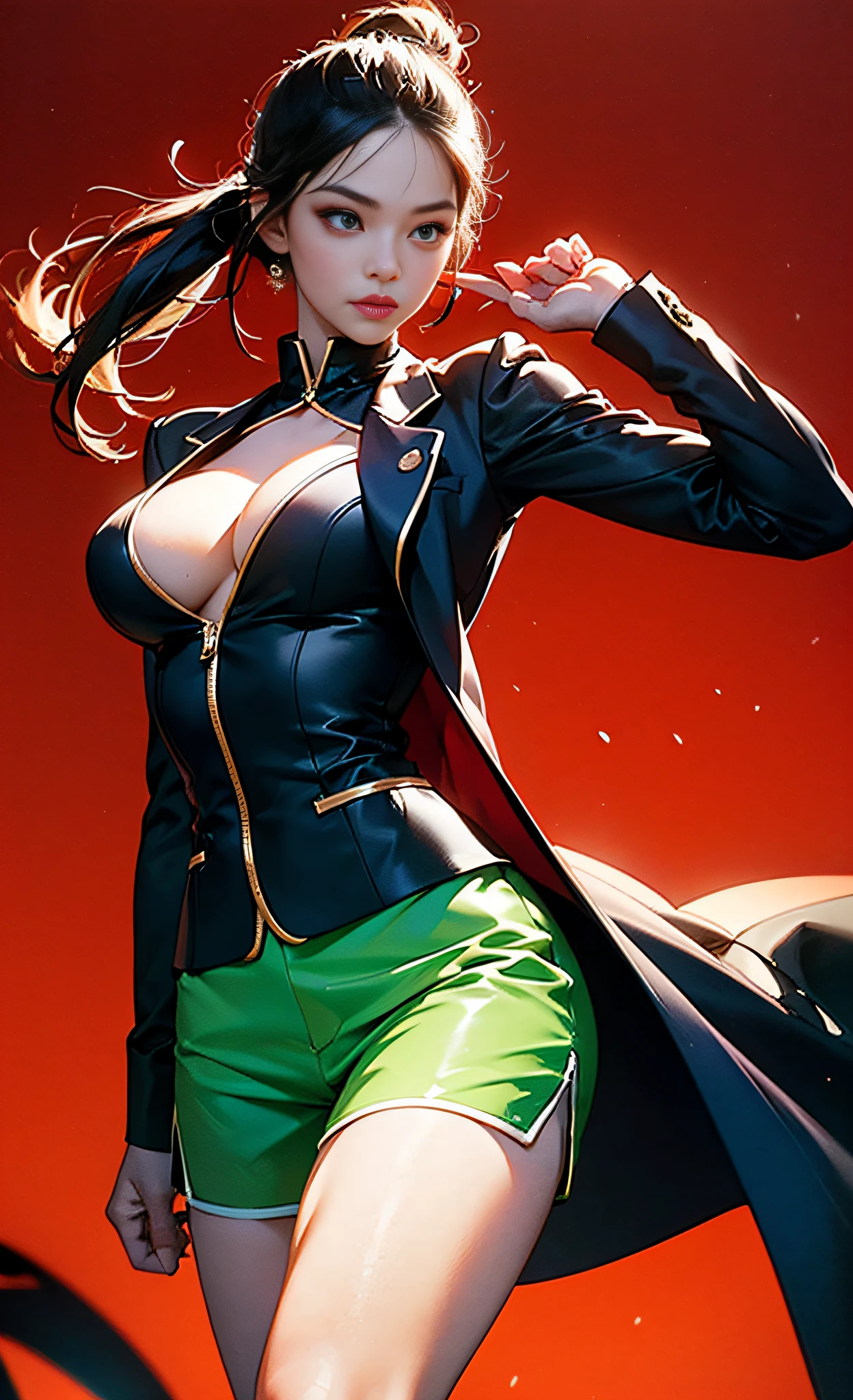 (photo in RAW format, 4k, realisti, Exquisitely detailed skin), tmasterpiece, beste-Qualit, official arts, Unity 8k壁纸, Ultra-detailed, (dark scene, Low key, soft-lighting), cienatic look, high saturation, Beautiful anatomy, Perfectly proportioned, best anatomy, A girl, business suit, (Shorts with knee-length skirt:1.4), shapely body, cowboy shot, a 1girl, 1 mesh, holding, 独奏, big breastes, generous cleavage, bloods, red background, walking among bamboo forest, Looking at the floor, green colored eyes, variegated, sexy pose, combat pose, (perfect anatomy, Ideal proportions of the whole body), (extreme close up portrait).
