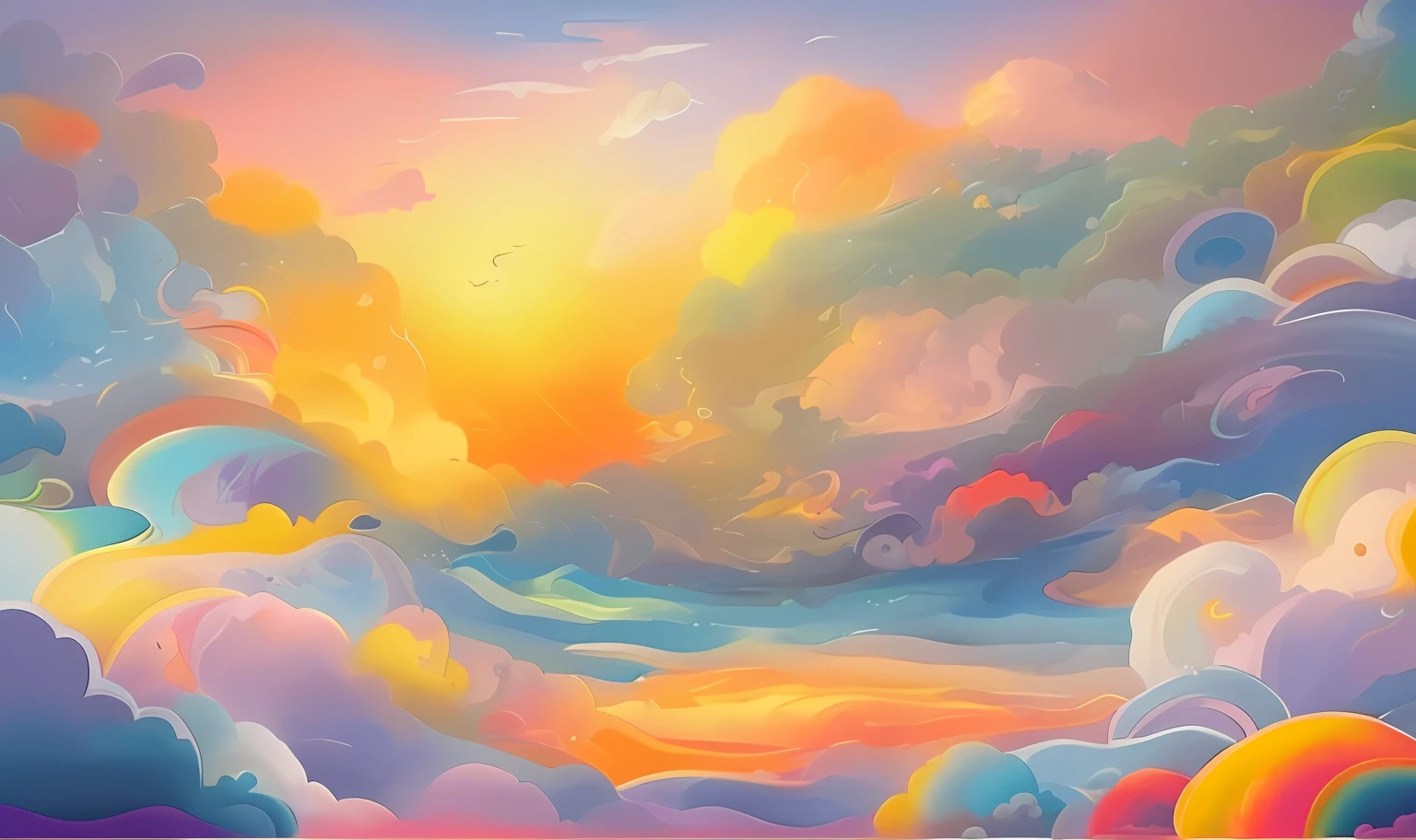 Draw a painting of a body of water setting over a body of clouds, harmony of swirly clouds, clouds、wave, Clouds. fantasy, clouds and waves, detailed dreamscape, colorful swirly magical clouds, a surreal dream landscape, sky, detailed soft painting, psychedlic clouds, painting of a dreamscape, ceremonial clouds, Detailed clouds, Cloudy sunrise