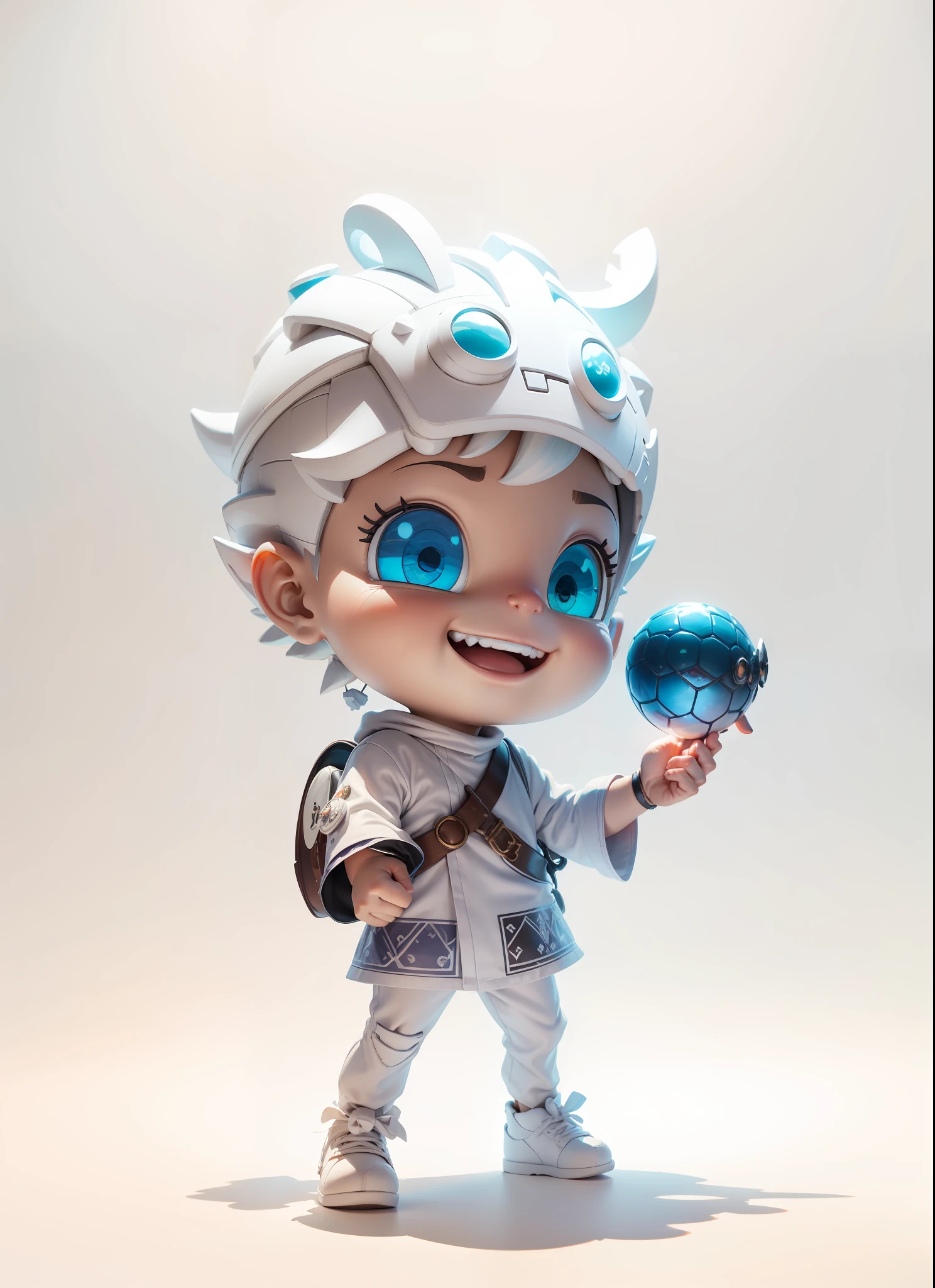 ((White background)) (8K, RAW photo, Best quality, Masterpiece))(photon maping, Radio City, Physically-based rendering, automatic white balance),CG,Unity,offcial art,Amazing,finedetail,Extremely Delicately Beautiful,Extremely detailed,a 3D render,C4D,blender,octanerender,1boy, Wearing a dragon's helmet, Holding a dragon ball in his hand,Hold a fist with your right hand,The mouth opens and the smile shows the tongue inside and a whole row of teeth above
Popular toys, a blind box toy, Disney style