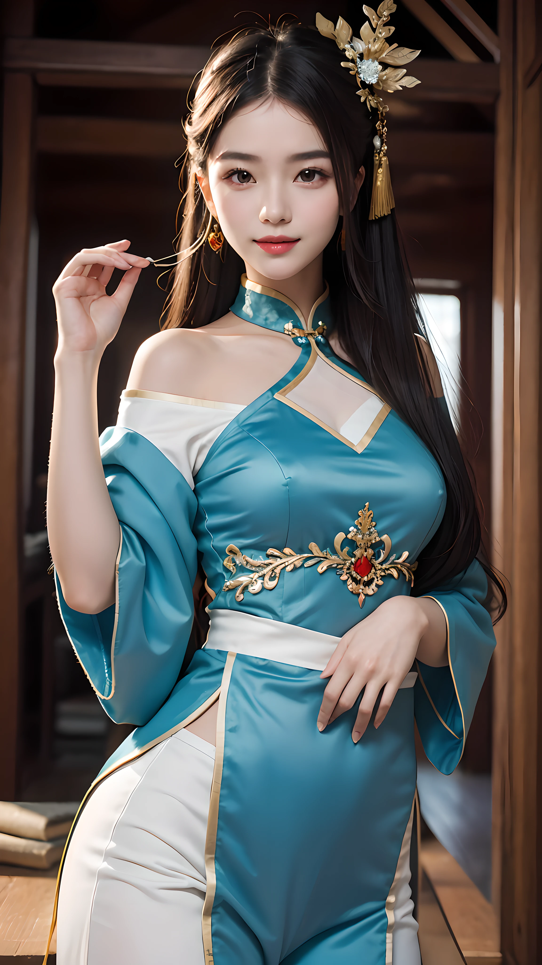 Best quality, masterpiece, ultra high res, photorealistic, (full shot:1.5), (1 girl),(long hair),(hair ornament:1.4),there is an ancient palace beside the girl,chinese clothes, sharp focus, great body, random pose reference, monolid eyes, high bridged pointed nose, v-shaped face, pale skin, smile, bokeh