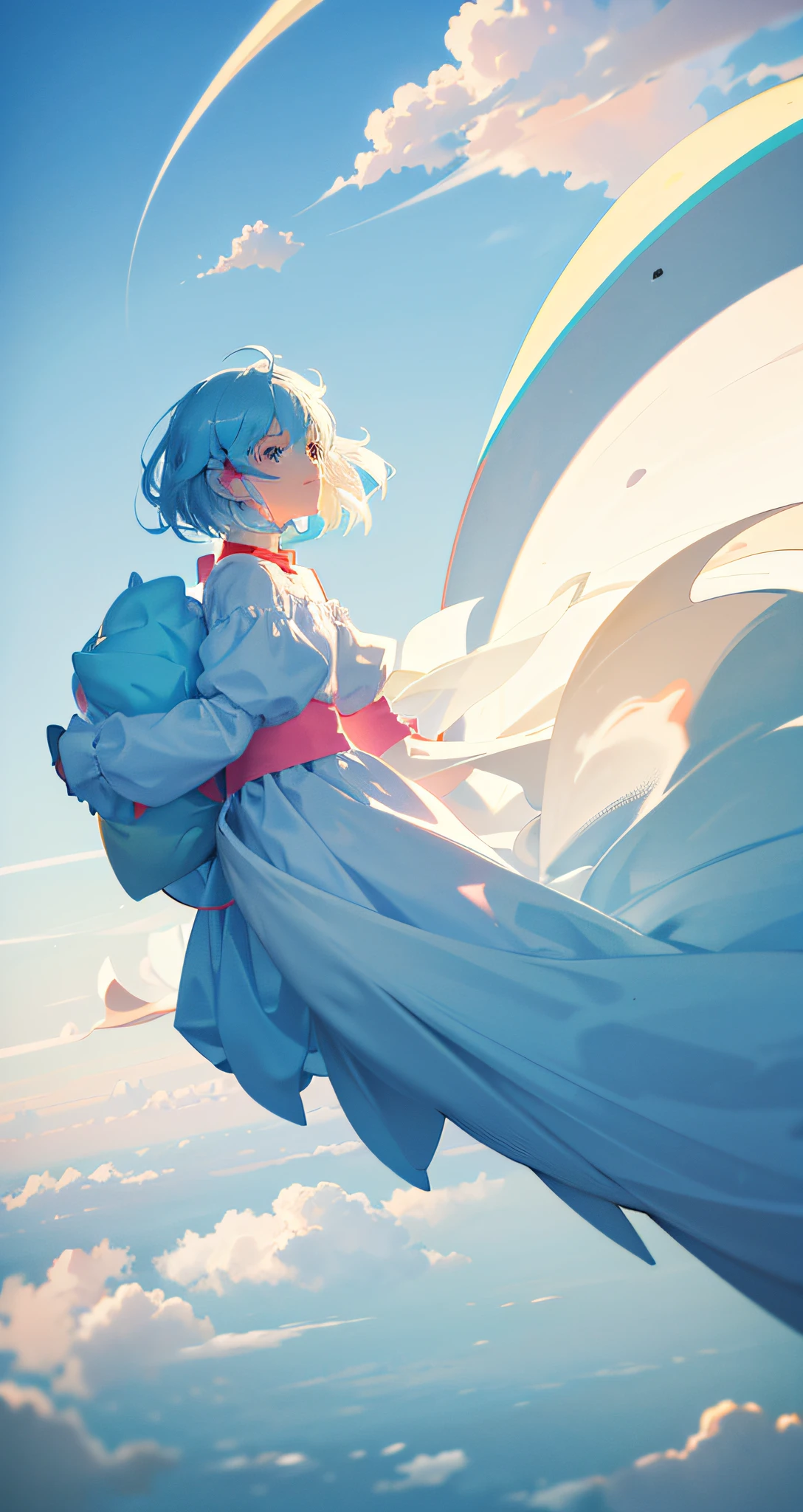 masterpiece, best quality, movie still, 1girl, floating in the sky, cloud girl, cloud, (close-up:1.1), bright, happy, fun, soft lighting, (Bauhaus, shapes, lines, abstract:1.1)