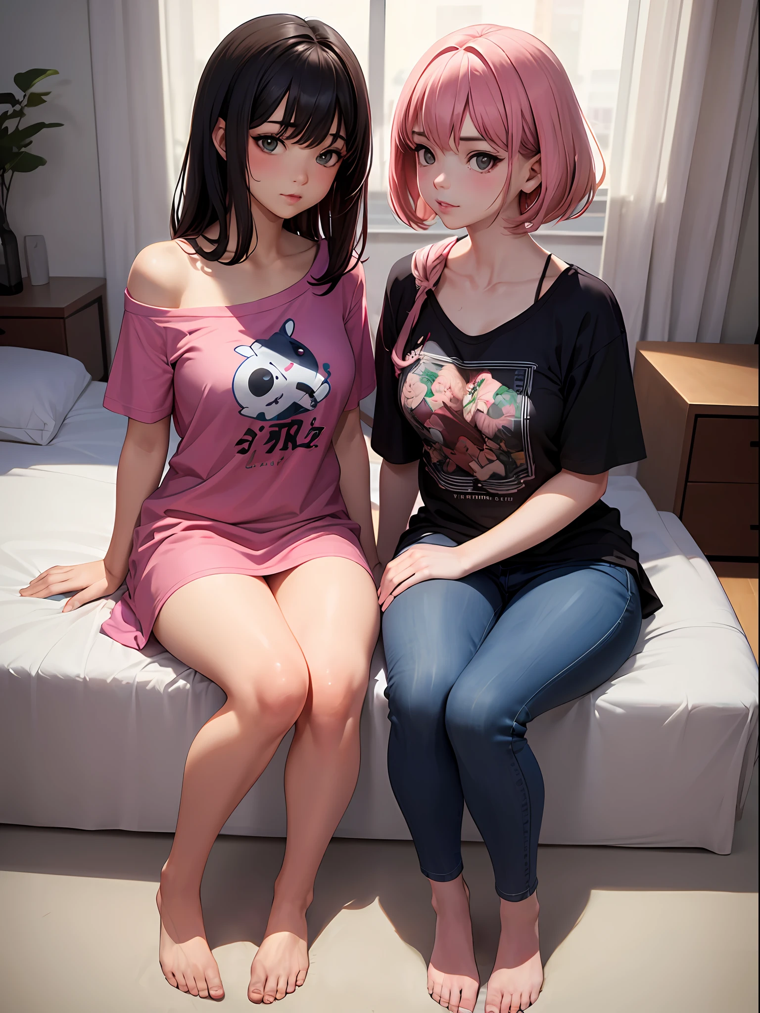 Masterpiece,(((2girl A and B))),(Agirl,black hair),single bare shoulder t shirt,BREAK,(Bgirl, pink hair),pika t shirt ,BREAK, sitting on a bed corners to each other, looking at each other,(((( masterpiece)))), intricate details, detailed face, blushing, intricate details, highly detailed, highres, absurdres, trending on artstation, illustration,by artgerm,by wlop,by pixiv,by samdoesart,