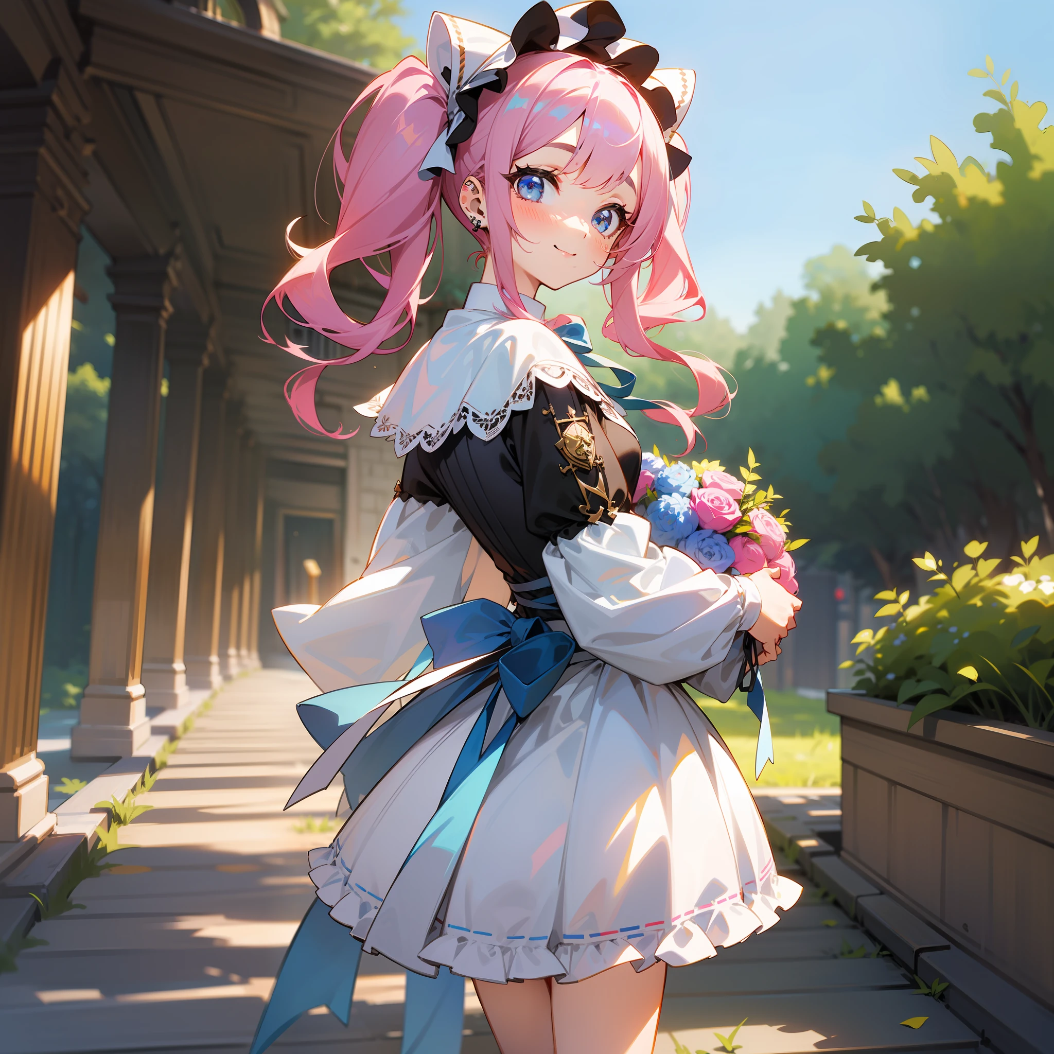 ​master piece, hyper quality, Hyper Detailed, Perfect drawing,Hi-Res、1girll,Loose and fluffy hair、drills twintails、A pink-haired、Bigeyes with double eyelids、lofty nose、blusher(0.2)、small mouth、ear piercings、Lolita Fashion、Clothes with lots of lace and frills、a miniskirt,knee high socks(:1.5),(garterbelts)、(((Wrapped、With ribbon、Holding a large bouquet))), butt sticks out, Big round buttocks, Standing figure, ((Panties are visible)), (((Luxury panties)))、(pastelblue Panty)、Embarrassing、smile、blue-sky、Summer colors、Sunlight、Walking trail、Shooting from diagonally below,  portlate、beatiful backgrounds, meticulous drawing, Accurate drawing、Perfect illustration、Perfect beautiful girl