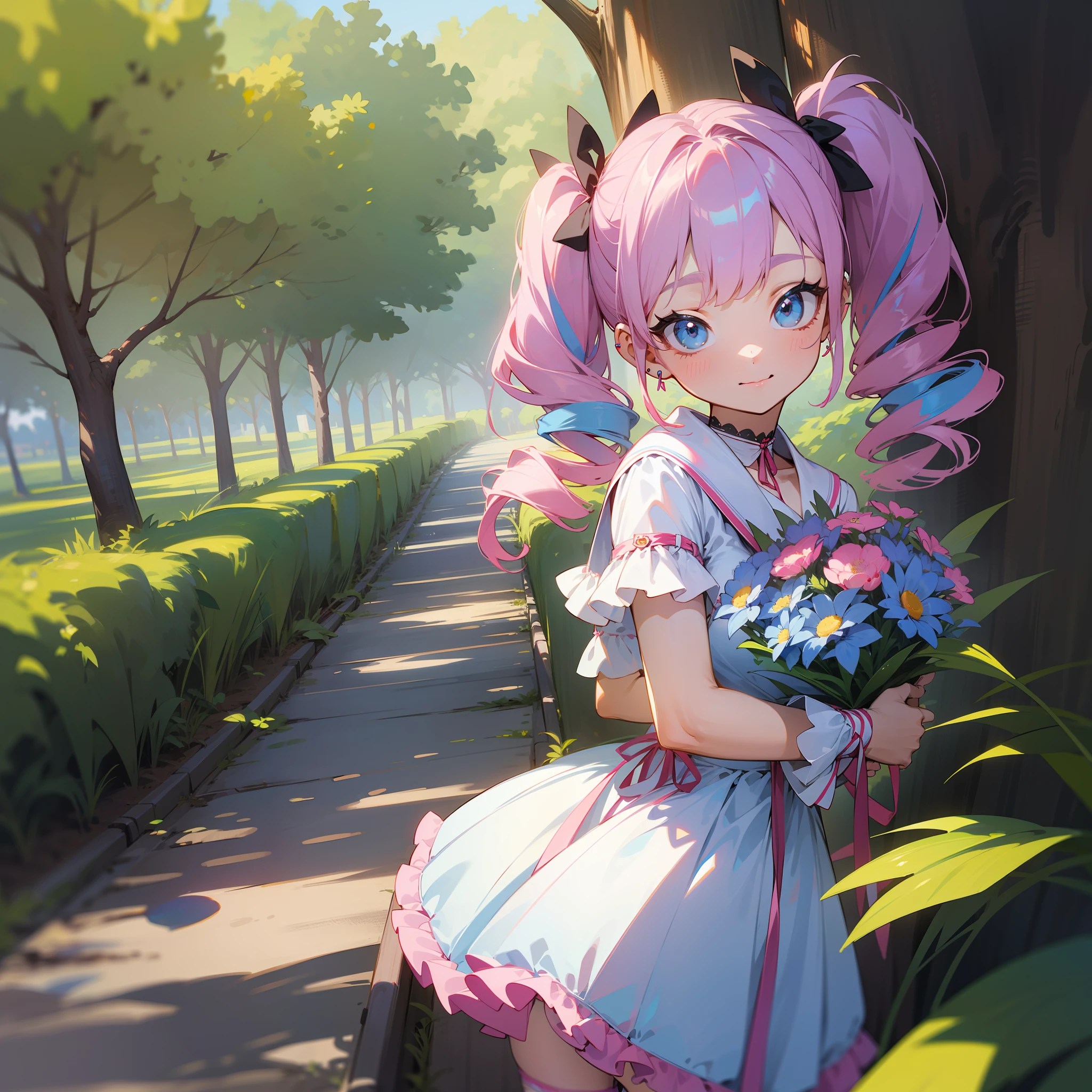 master piece, hyper quality, Hyper Detailed, Perfect drawing,Hi-Res、1girll,Loose and fluffy hair、drills twintails、A pink-haired、Bigeyes with double eyelids、lofty nose、blusher(0.2)、small mouth、ear piercings、ta Fashion、Clothes with lots of lace and frills、a miniskirt,knee high socks(:1.5),(garterbelts)、(((Wrapped、With ribbon、Holding a large bouquet))), butt sticks out, Big round buttocks, Standing figure, ((Panties are visible)), (((Luxury panties)))、(pastelblue Panty)、Embarrassing、smile、blue-sky、Summer colors、Sunlight、Walking trail、Shooting from diagonally below, portlate、beatiful backgrounds, meticulous drawing, Accurate drawing、Perfect illustration、Perfect beautiful girl