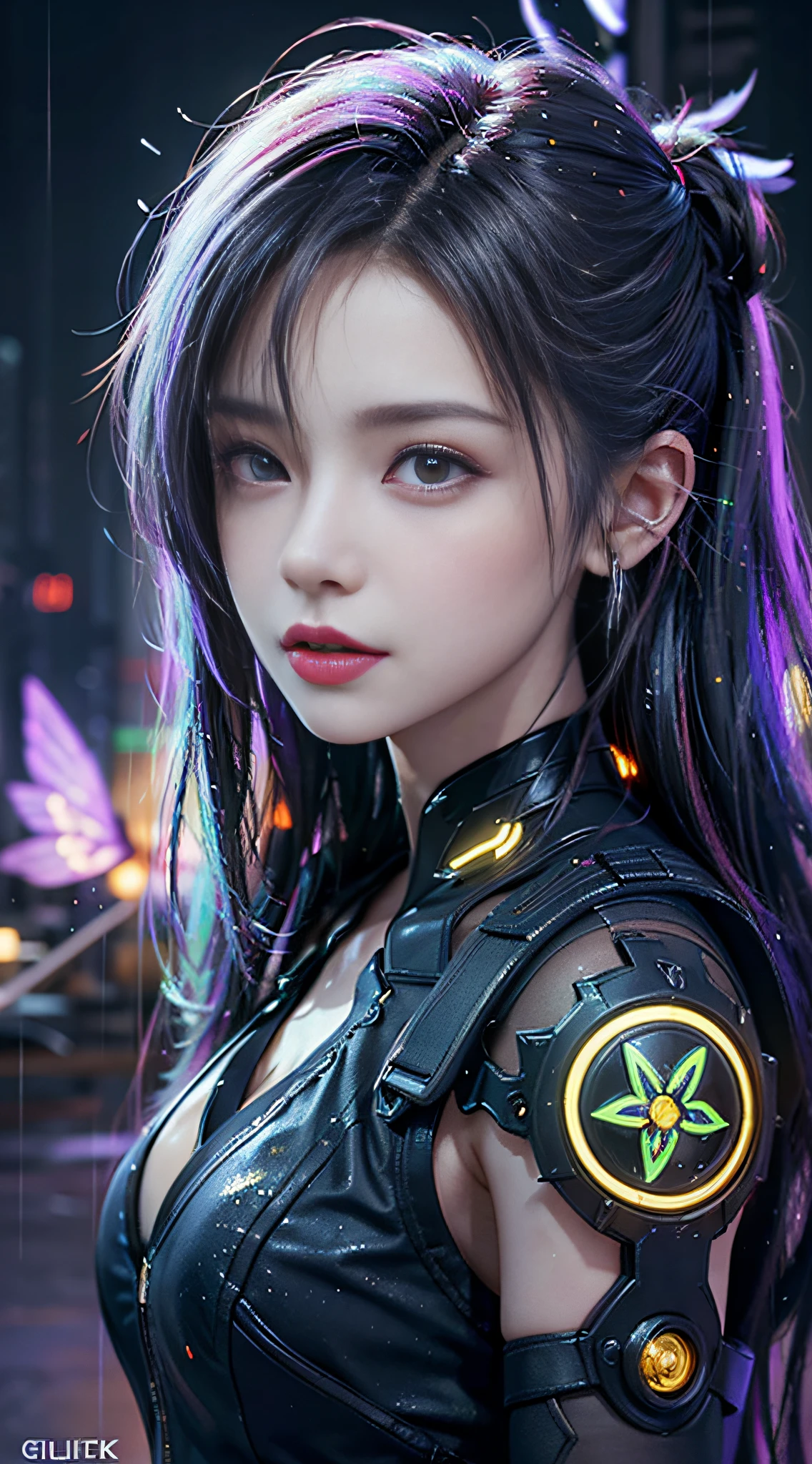 cyberpunk scene, An award-winning masterpiece photo,Female fluorescent orange standing among the flowers of the night in the rain, Wearing neon-colored glowing wings, 8K, (High quality:1.1) , (Cinematic feeling:1.1) , Dark deep shadows, incredibly intricate detailing, art, (up-close:1.1) , From above, view the viewer, (glittery:1.1) , (color difference:1.2) Background and floating light artifacts