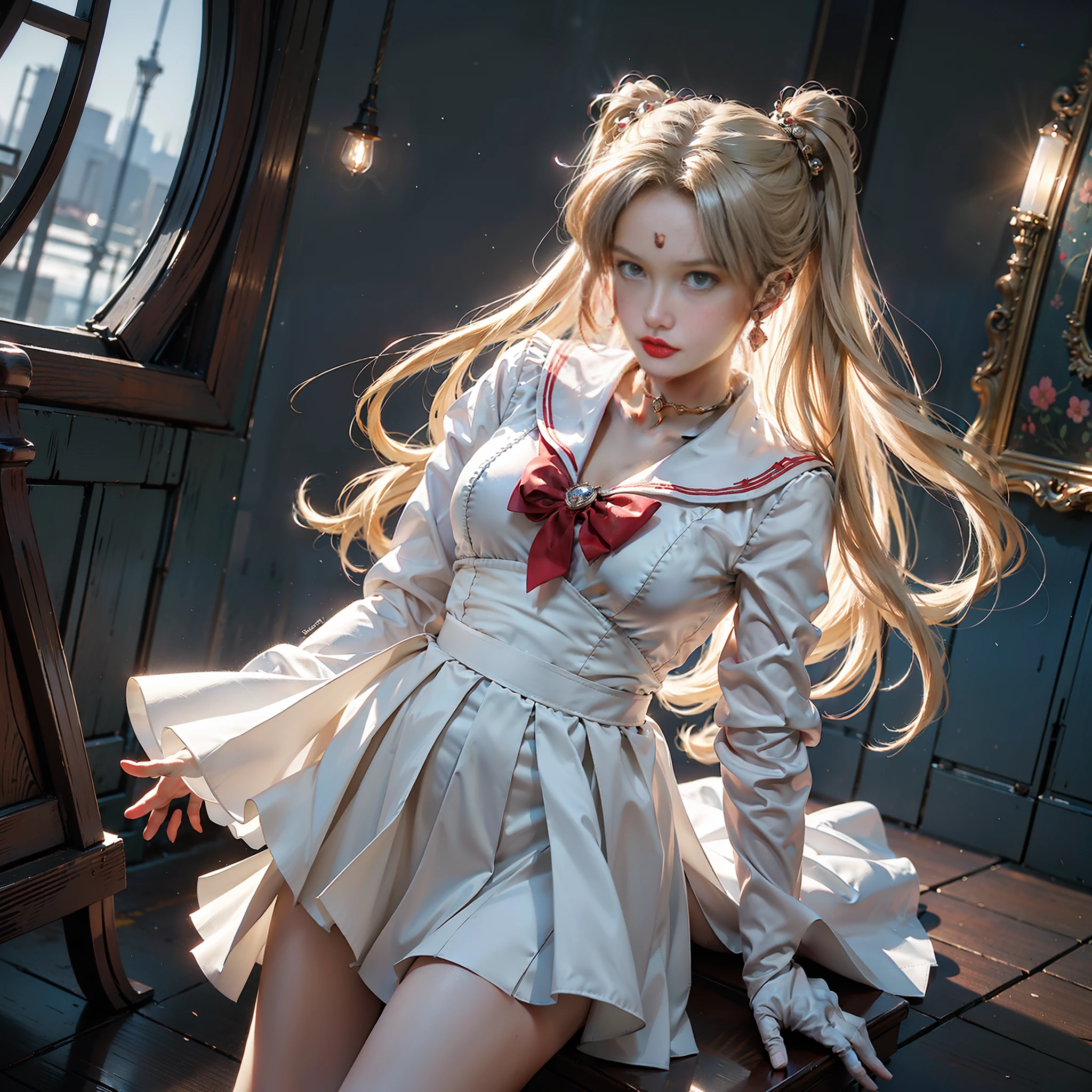 (Extreme Detail CG Unity 8K wallpaper, masterpiece, highest quality), (exquisite lighting and shadow, highly dramatic picture, Cinematic lens effect), (Sailor Moon: 1.1), charming smile, two-tailed hair, blue eyes, blonde hair, tight top, red shawl, red bow, white gloves, mini skirt, dynamic pose), the background is the universe (excellent detail, excellent lighting, wide angle), (excellent rendering, enough to stand out in its class),