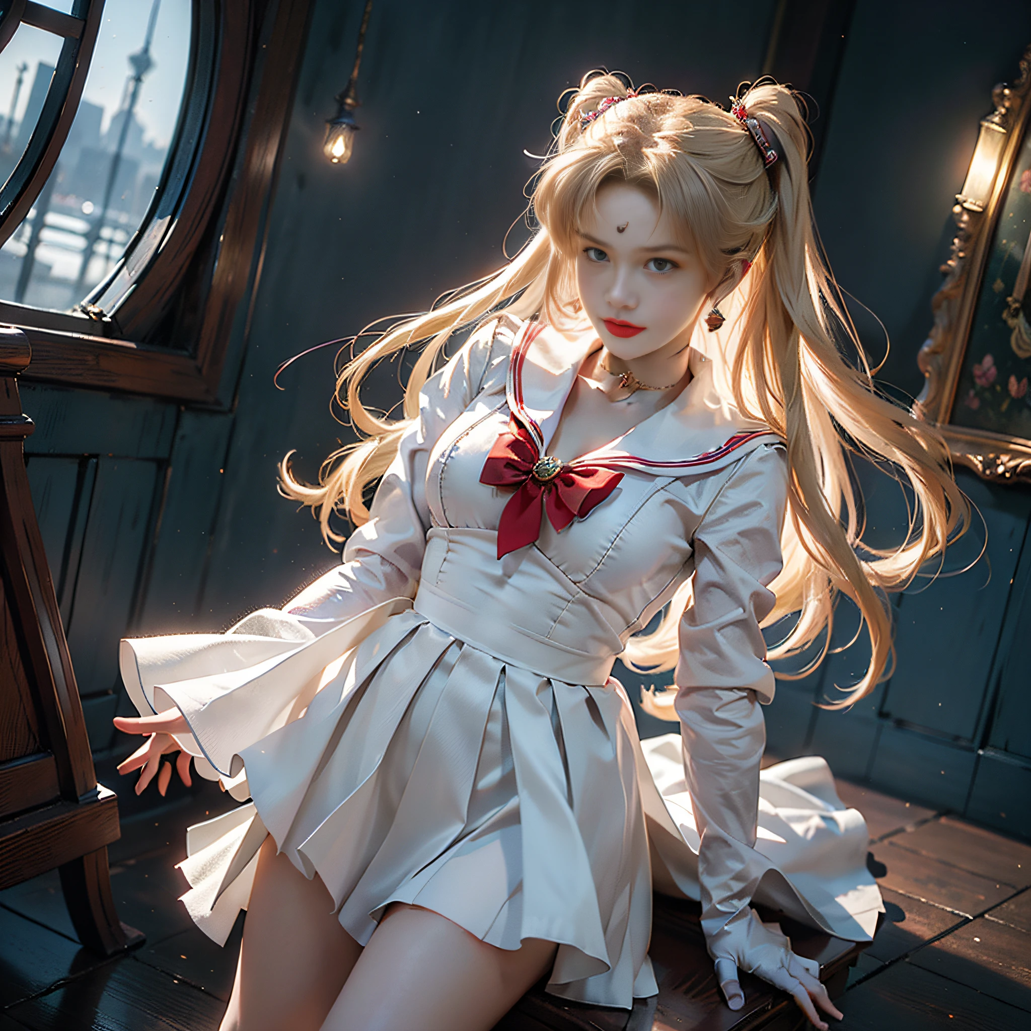 (Extreme Detail CG Unity 8K wallpaper, masterpiece, highest quality), (exquisite lighting and shadow, highly dramatic picture, Cinematic lens effect), (Sailor Moon: 1.1), charming smile, two-tailed hair, blue eyes, blonde hair, tight top, red shawl, red bow, white gloves, mini skirt, dynamic pose), the background is the universe (excellent detail, excellent lighting, wide angle), (excellent rendering, enough to stand out in its class),