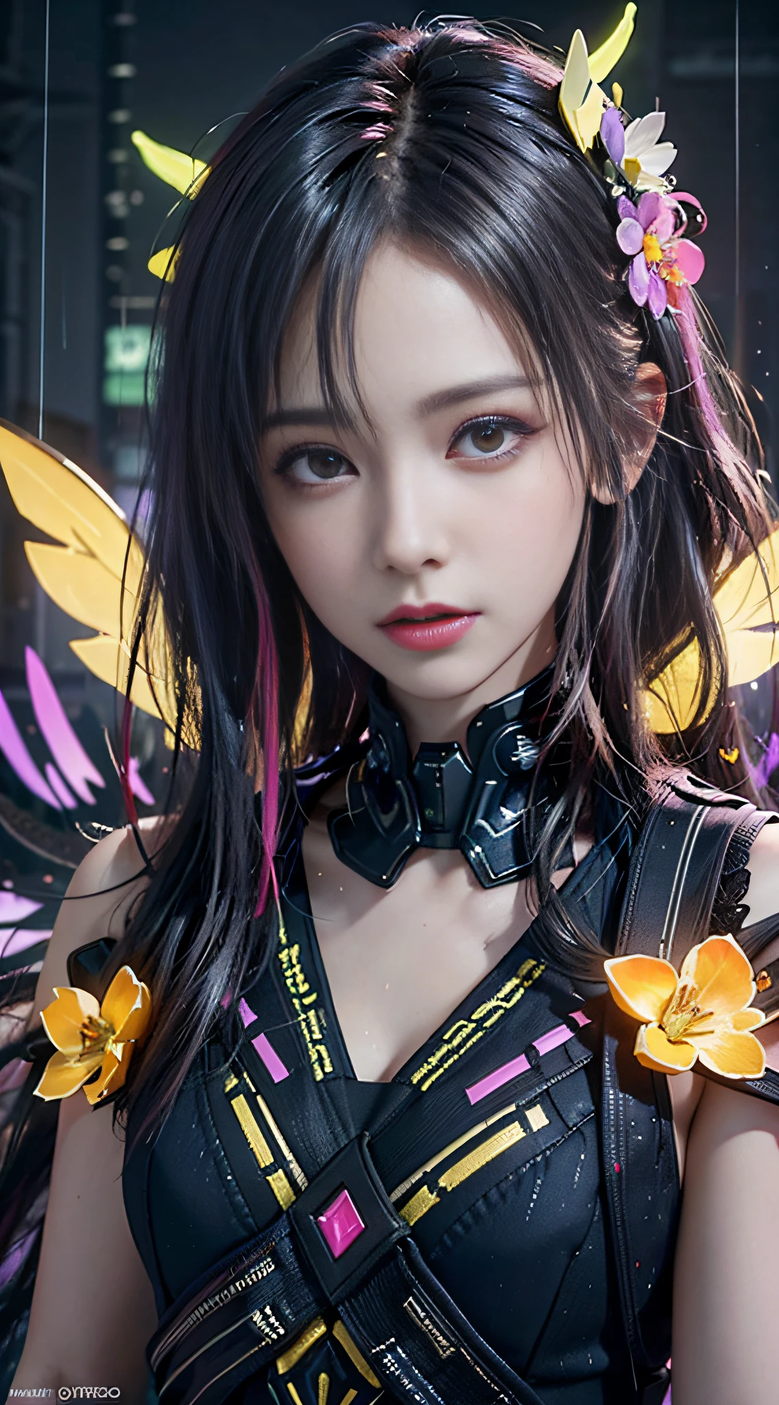cyberpunk scene, An award-winning masterpiece photo,Female fluorescent orange standing among the flowers of the night in the rain, Wearing neon-colored glowing wings, 8K, (High quality:1.1) , (Cinematic feeling:1.1) , Dark deep shadows, incredibly intricate detailing, art, (up-close:1.1) , From above, view the viewer, (glittery:1.1) , (color difference:1.2) Background and floating light artifacts