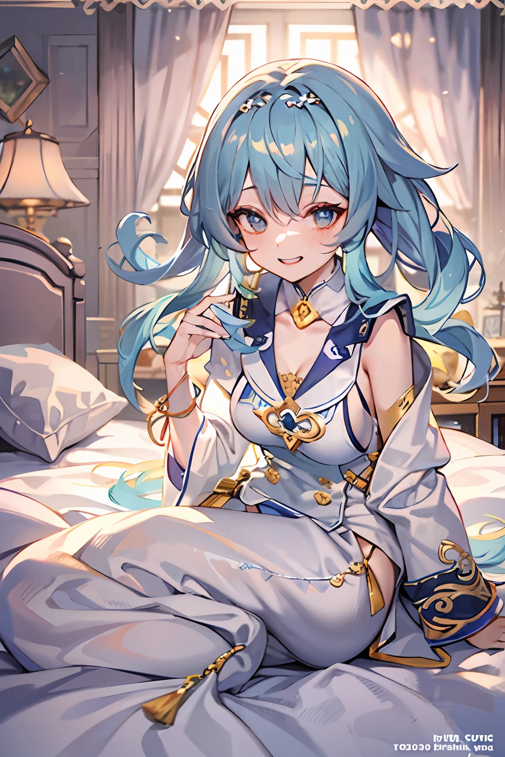 tmasterpiece，best qualtiy，4K，ultra - detailed，finely detailed face and eyes，cinmatic lighting，Sunlight through the window，Viewer at the top， Gan Yu\（Genshin Impact\），blue hairs，pyjamas，（（dark circles around the eyes）），A sleepy girl yawns on the bed in her bedroom，UHR， with her mouth open， （Speaking heart：1.4）Eyebrows visible through hair，Gradient hair，grinning smile，long whitr hair，illustration，（Cover style：1.3），Fashionab，woman，with dynamism，posing on a，frontage，Colorful，dyna，Background with，element in，self-assured，Expressing the，halter，statement，Accessory windings，Runt，Touching pubic area，Scenes，text，Cover of a，boldness，attention-grabbing，titles，Fashionab，typeface，Catchy，titles，more big，Smart，modern day，Fashionab，focus-on、Fashionab、
