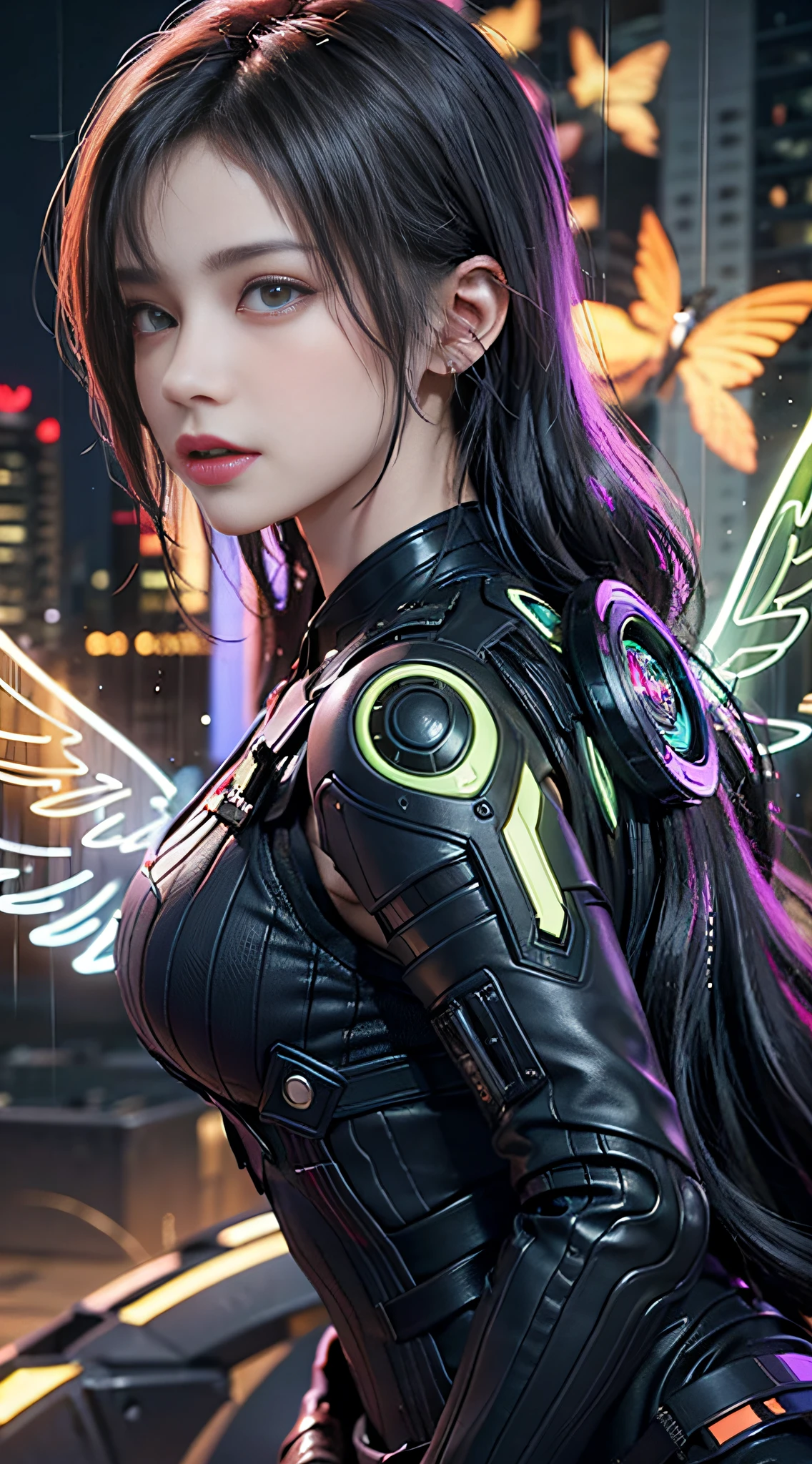 cyberpunk scene, An award-winning masterpiece photo,Female fluorescent orange standing among the flowers of the night in the rain, Wearing neon-colored glowing wings, 8K, (High quality:1.1) , (Cinematic feeling:1.1) , Dark deep shadows, incredibly intricate detailing, art, (up-close:1.1) , From above, view the viewer, (glittery:1.1) , (color difference:1.2) Background and floating light artifacts,full bodyesbian