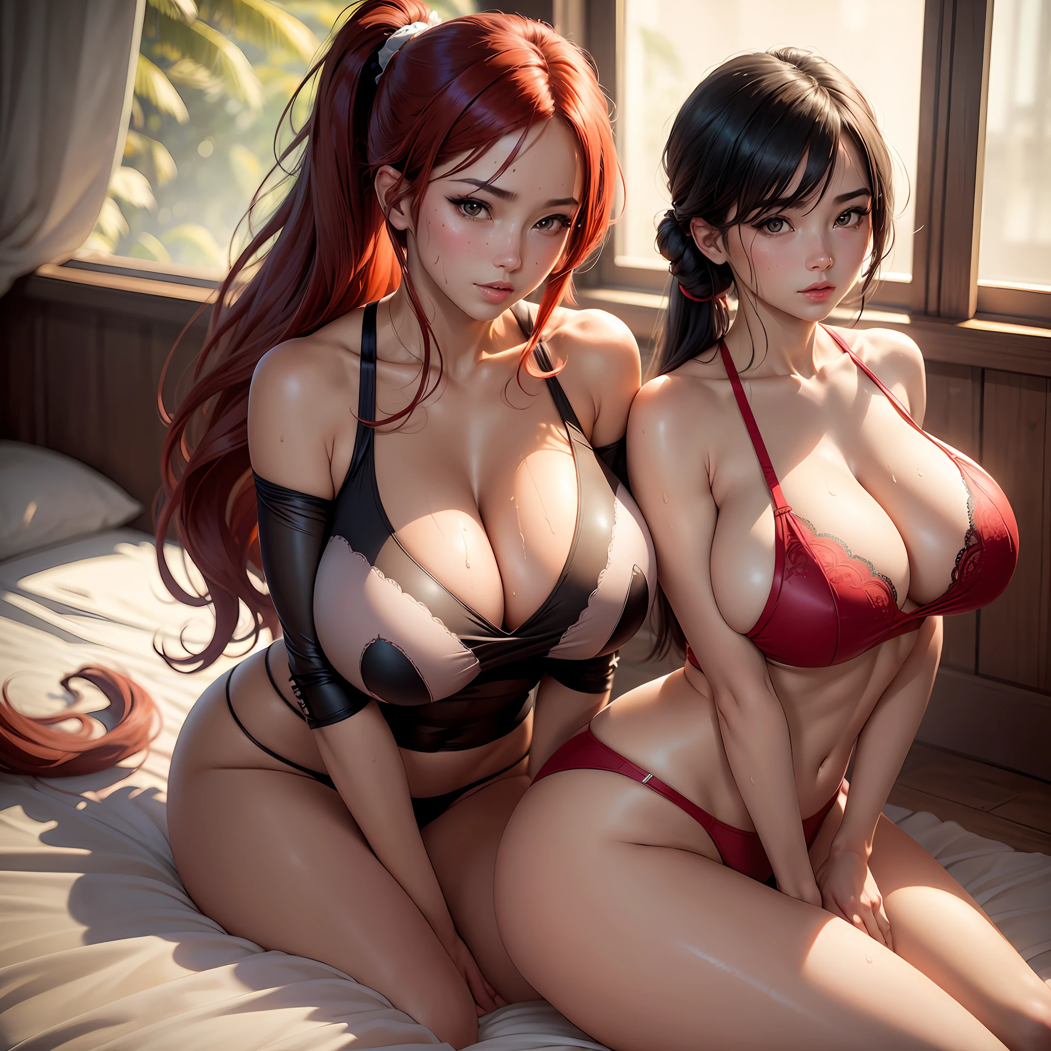 araffe asian woman in lingerie sitting on a bed, alluring tipha lockhart portrait, Tifa Lockhart, ff Tifa, seductive anime girls, Tifa Lockhart with white hair, tifa lockhart portrait, tifa lockheart, portrait of tifa lockhart, beautiful and seductive anime woman, Charming Tifa Lockheart, full-body xianxia, Anime girl cosplay，Multiple Beautiful Women，Breast-huge，（gigantic cleavage breasts：3.0），（see-through shirts：1.2），（open shirts），Masterpiece:1.2, Best quality), Realistic, (Real picture, Intricate details, Depth of field), (1girll, Solo), make up, parted lip, highly  detailed, Perfect face, (Huge breasts:1.4), (skin indentation), Thick thighs, Wide hips, Small waist, Tall, glossy coral lips, red hair, hair straight，Delicate and beautiful hairstyle，red color eyes, pony tails，Masterpiece:1.2, Best quality), Realistic, (Real picture, Intricate details, Depth of field), (1girll, Solo), make up, parted lip, highly  detailed, Perfect face, (Huge breasts:1.4), (skin indentation), Thick thighs, Wide hips, Small waist, Tall, glossy coral lips, red hair, hair straight，Delicate and beautiful hairstyle，red color eyes, pony tails, (A girl playing beach volleyball, white volleyball suit), (full of sweat:1.2), (Wet), Sexy, Blushing, （gigantic cleavage breasts：3.0），（see-through shirts：1.2），（open shirts），Breasts, Solo, Black hair, upper legs, pony tails，Long hair, cleavage, view the viewer, Realistic, gigantic cleavage breasts, Lips, parted lip, sofe, cropped shoulders, Sitting, bangs, Black eyes, lace-trimmed legwear, Curtains，pony tails，ssmile，(full of sweat:1.2), (Wet), Sexy, Blushing, （gigantic cleavage breasts：2.0），（see-through shirts：1.2），（open shirts），Colorful lace-trimmed lingerie，Chinese style underwear，Transparent cheongsam --auto