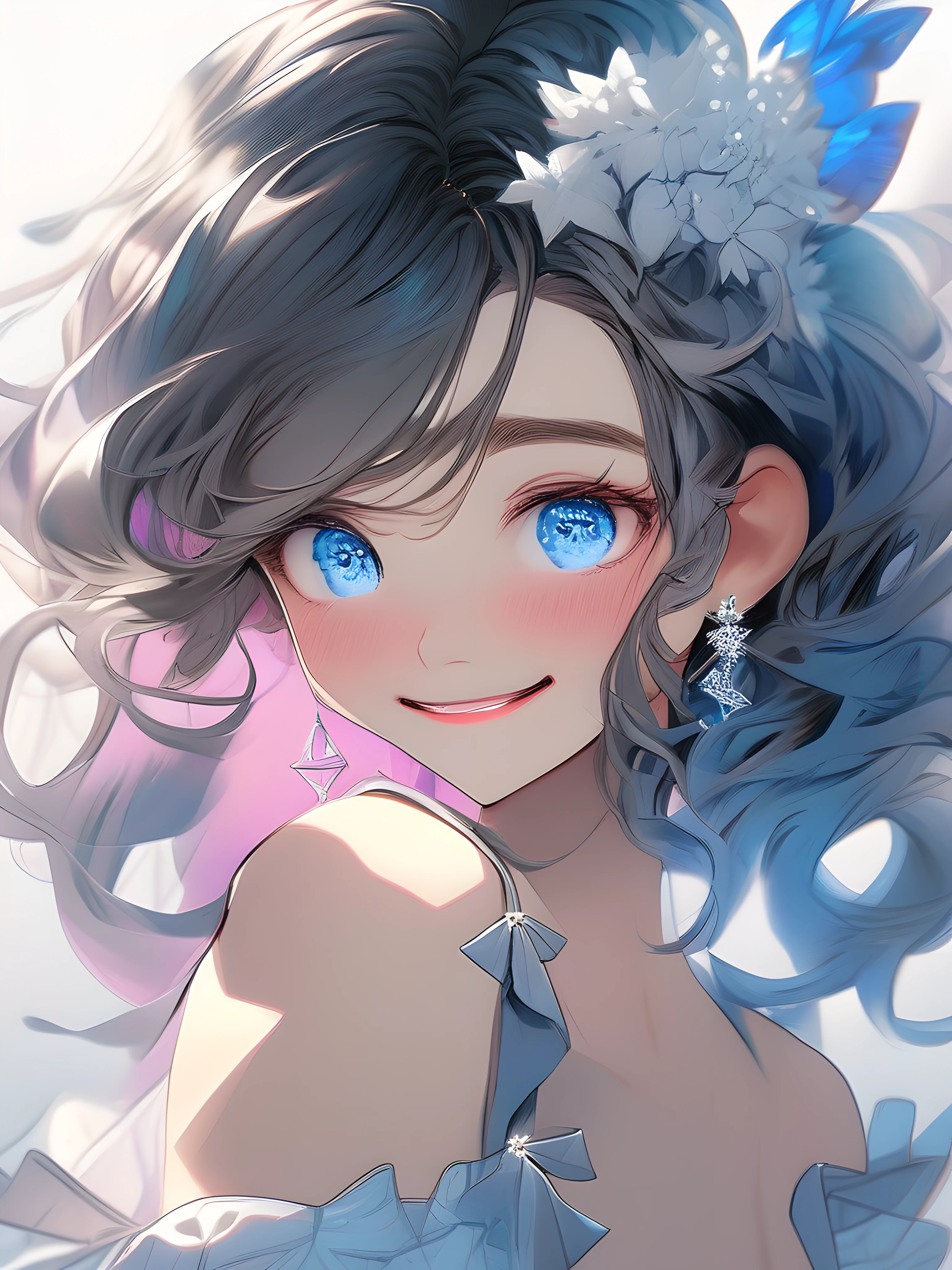 (Masterpiece: 1.2), Best Quality, Unity 8k Wallpaper, Ultra Fine, (Fractal Art: 1.2) 1 Girl, upper body, blue dress, pink lips, smile, extremely delicate face, bright eyes, looking at the audience, hair, messy hair, lifelike, solo,