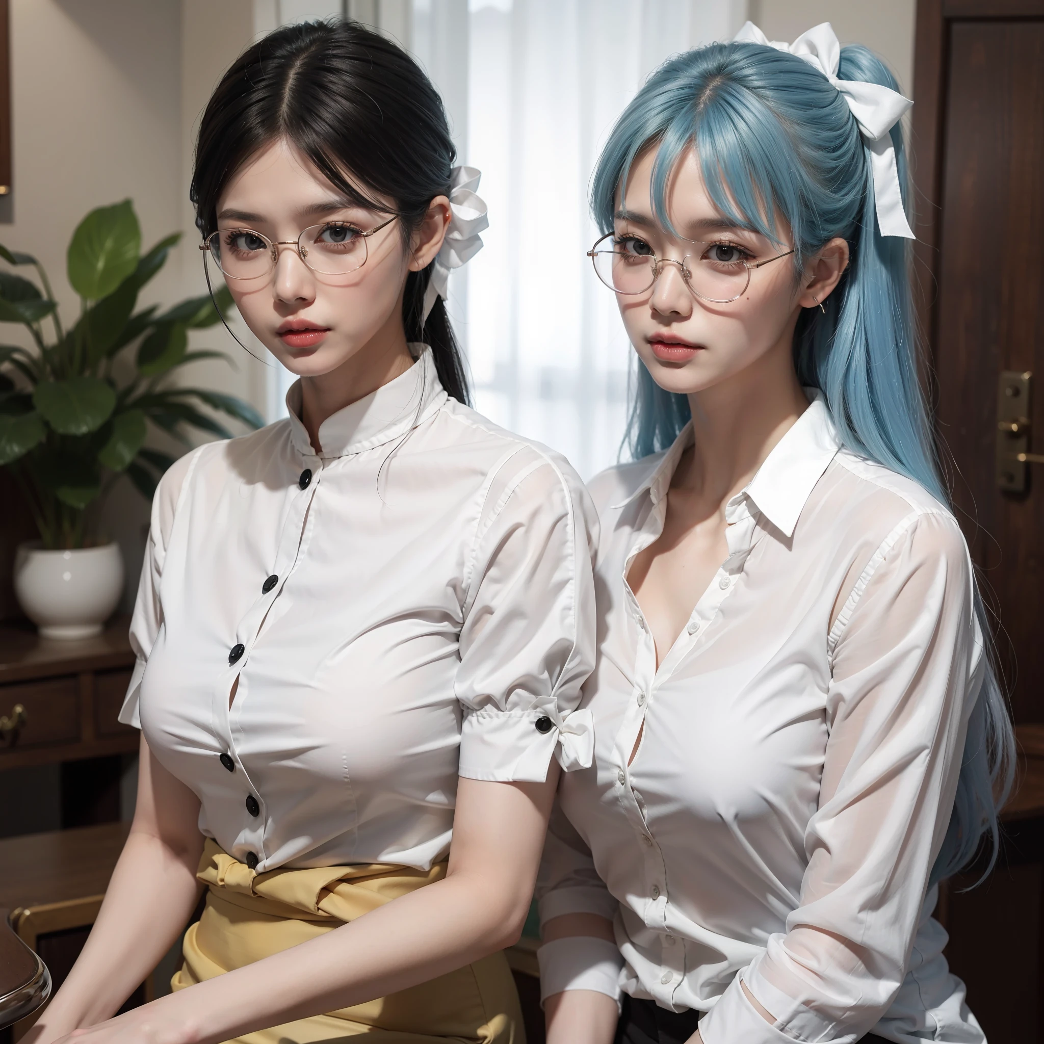 Madame breasts, Rimless glasses, white  shirt, Realistic solo, Colored inner hair, hair pin, Hair ribbon, Raised eyebrows, Shy, Bloom East Asian upper body realistic superlative