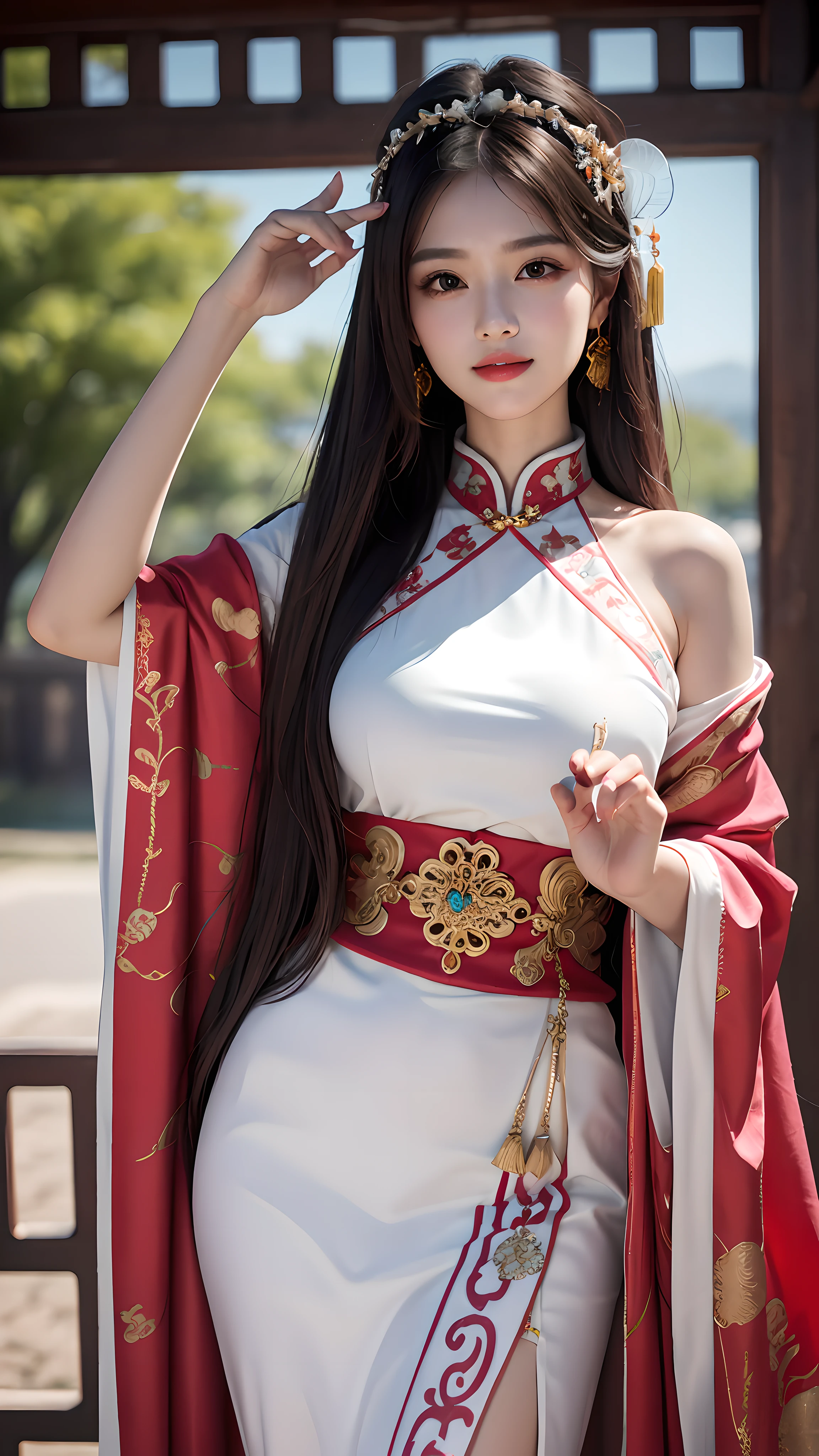Best quality, masterpiece, ultra high res, photorealistic, (full shot:1.5), (1 girl),(long hair),(hair ornament:1.4),there is an ancient palace beside the girl,chinese clothes, sharp focus, great body, random pose reference, monolid eyes, high bridged pointed nose, v-shaped face, pale skin, smile, bokeh