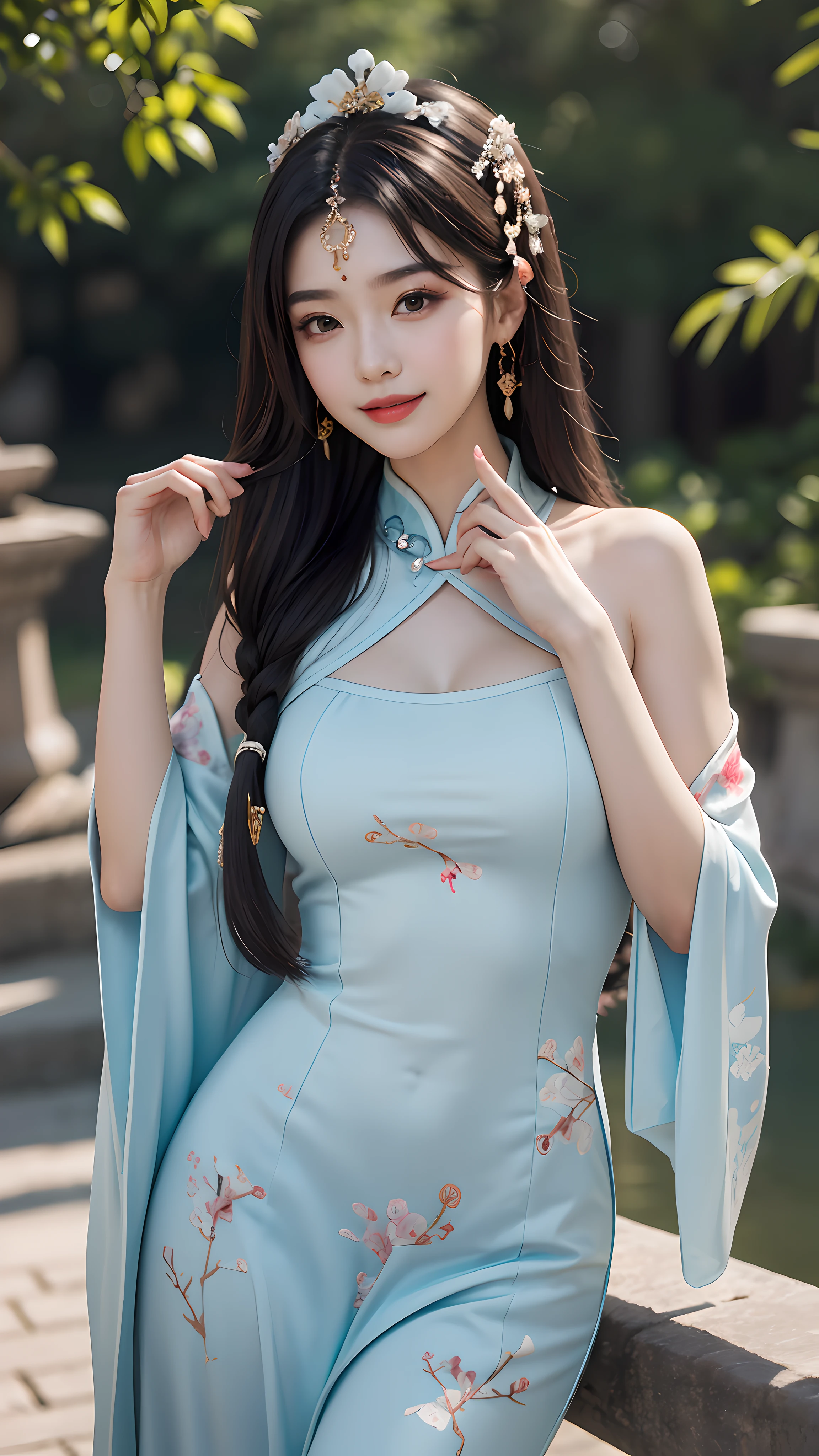 Best quality, masterpiece, ultra high res, photorealistic, (full shot:1.5), (1 girl),(long hair),(hair ornament:1.4),there is an ancient palace beside the girl,chinese clothes, sharp focus, great body, random pose reference, monolid eyes, high bridged pointed nose, v-shaped face, pale skin, smile, bokeh