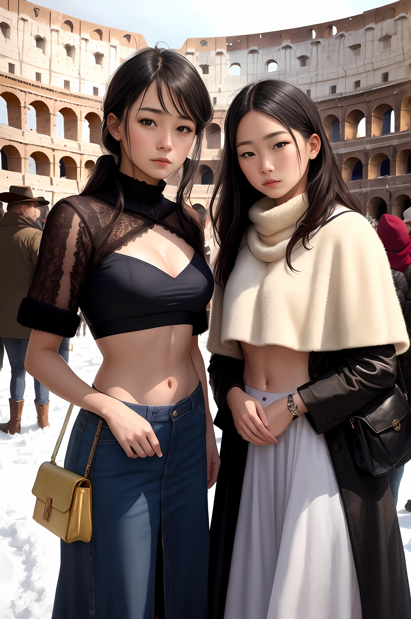 (Positive focus),2girls,duo,navel,(At the Colosseum,crowd,winter,Snowy),Surrealistic Female Portraits by David Hockney and Alphonse Mucha,Fantasy art,photograph realistic, Dynamic lighting,art stations,poster for,Volumetriclighting,Very detailed faces,4K,Award-Awarded,Fantastic costumes,Deep shadows,low tune,cowboy lens, (official outfit:1.4), looking at the camera in, Half-body shot,((Realistic face))),