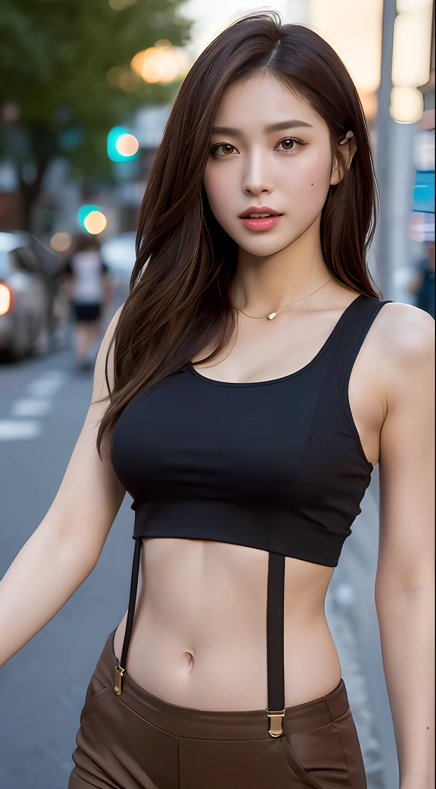 ((Realistic lighting, best qualtiy, 8k, tmasterpiece:1.3)), sharp fokus:1.2, 1girl, Beautiful Women with Perfect Figure:1.4, Slim abs:1.1, ((dark brown hair)), (White crop top suspenders:1.4),(exteriors,during night:1.1),the city street,Ultra-fine face,Fine eyes,二重まぶた,Flesh-colored hot pants