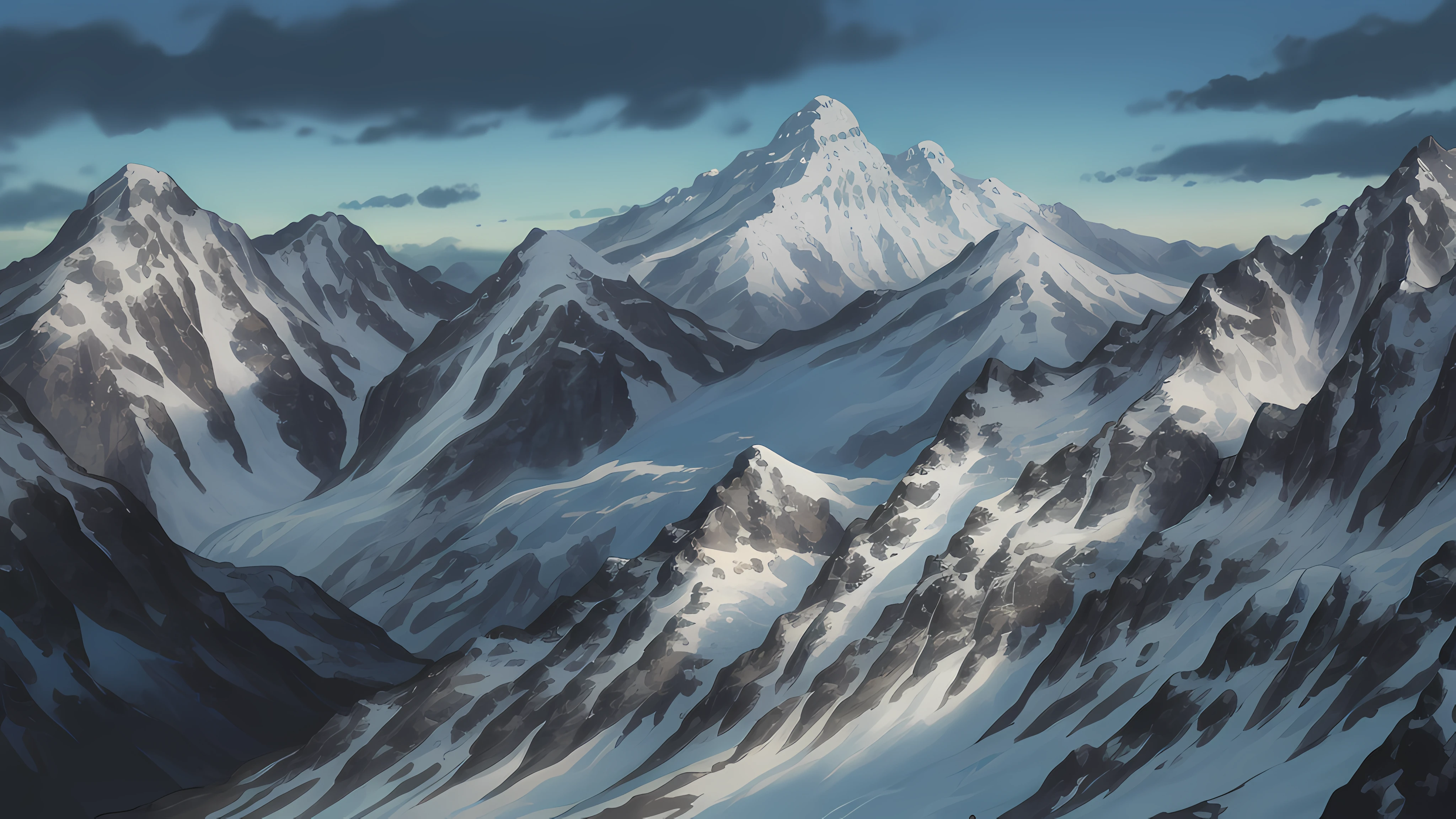 Snow-covered peaks，overcast day， snowy mountain landscape，Frozen，glacier，ice cubes，game background，high qulity，tmasterpiece，