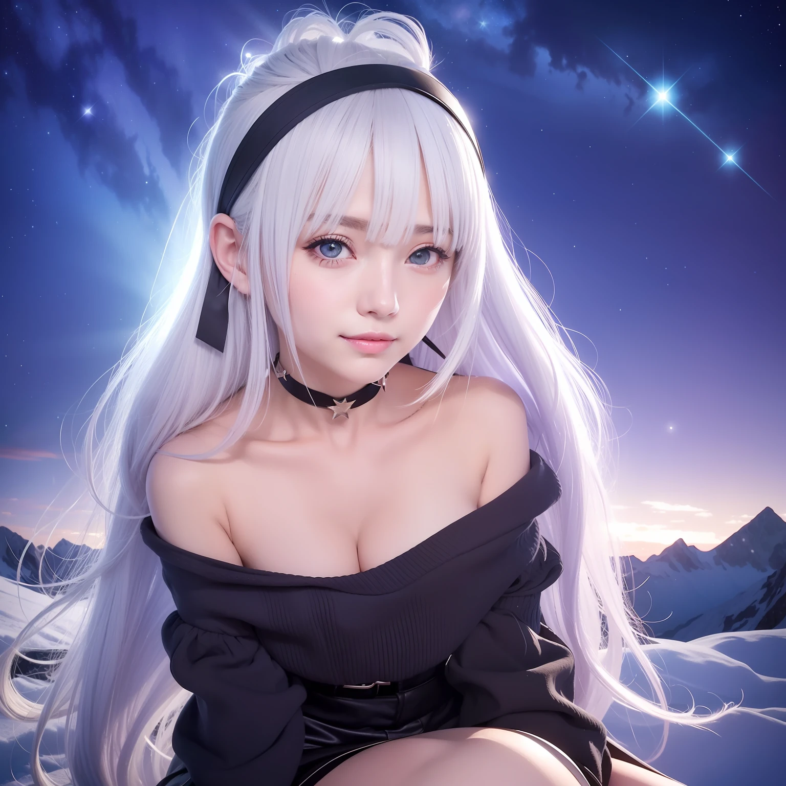 sit on the ice mountain, Look up at the purple starry sky, white hair, blunt bangs, hair over shoulder, asymmetrical bangs, big hair, ribbon, aqua eyes, smile, smile, anime, god rays, god rays, god rays, f/4.0, close-up, UHD, retina, masterpiece, high details, textured skin --auto