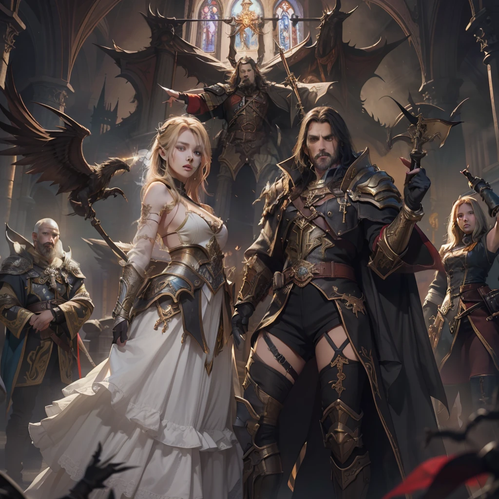 Church background of Diablo 4,4 brave and handsome men、2 beautiful slim girls。Delicate eyes。Gather together and prepare for a new battle。