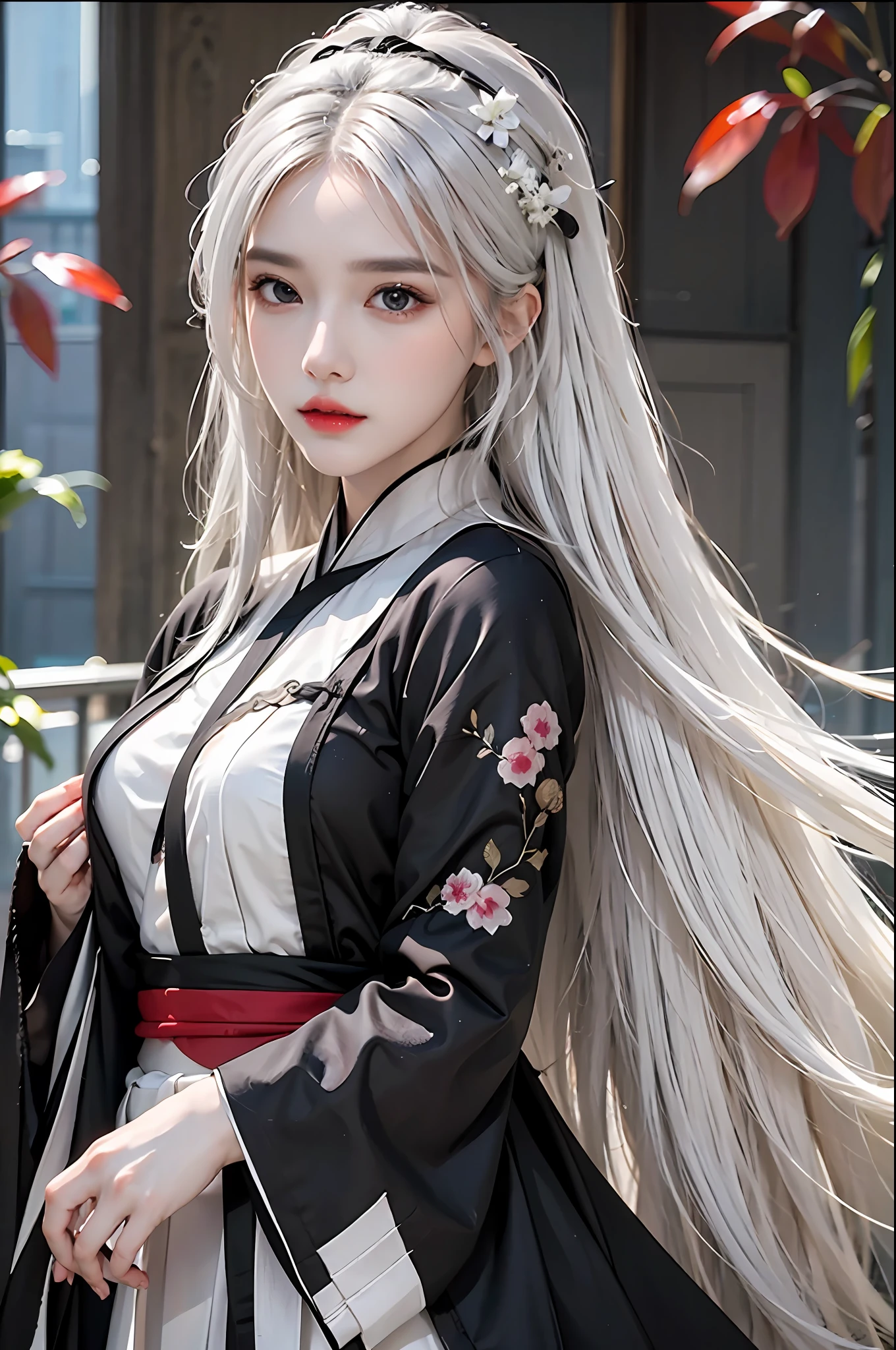 photorealistic, high resolution, 1 girl, hips up, beautiful eyes, white hair, long hair, ringed eyes, Chinese clothes, hanfu, black clothes