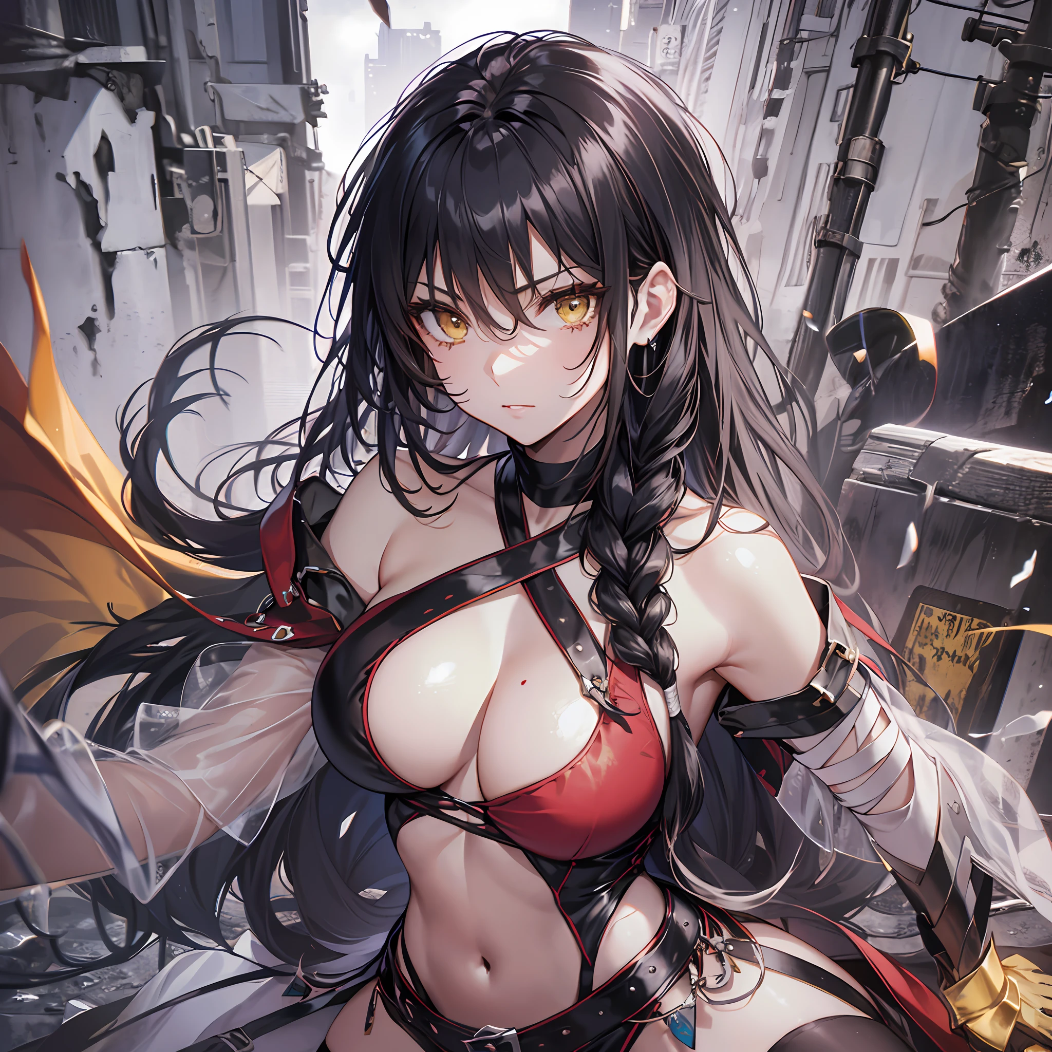 unparalleled masterpiece ever、超8k CG、超A high resolution、erfect artwork、clean and beautiful face、pure face、Hair in the details、Fine beautiful eyes and face、beatiful detailed eyes、Very extreme details、best qualtiy、Perfect illustration、extremely delicate and beautiful、extremely details CG、8k wallpaper、astonishing、finely detail、Official Art、Very detailed CG 8k wallpaper、Incredibly ridiculous、huge filesize、 ultra-detailliert、ighly detailed、a beautiful detailed girl、extremely detailed eye and face、1girl in、独奏、Velvet Crow、((low tied hair、Dark hair、length hair))、((bandaged、bandaged arms、Bandaged left arm))、((a matural female、A MILF))、large full breasts、(yellow eyes:1.2)、Red shirt、Midriff、a navel、ripped clothing、Black shorts、(single braid:1.4)、On the shoulder braid、((Single gauntlet、Right Arm Bridal Gauntlet))、 a navel、bare shoulders、a black choker、abdominals、((Wearing a torn leg、black thighhighs))、looking at the viewers、Sexy Swimwear Mare