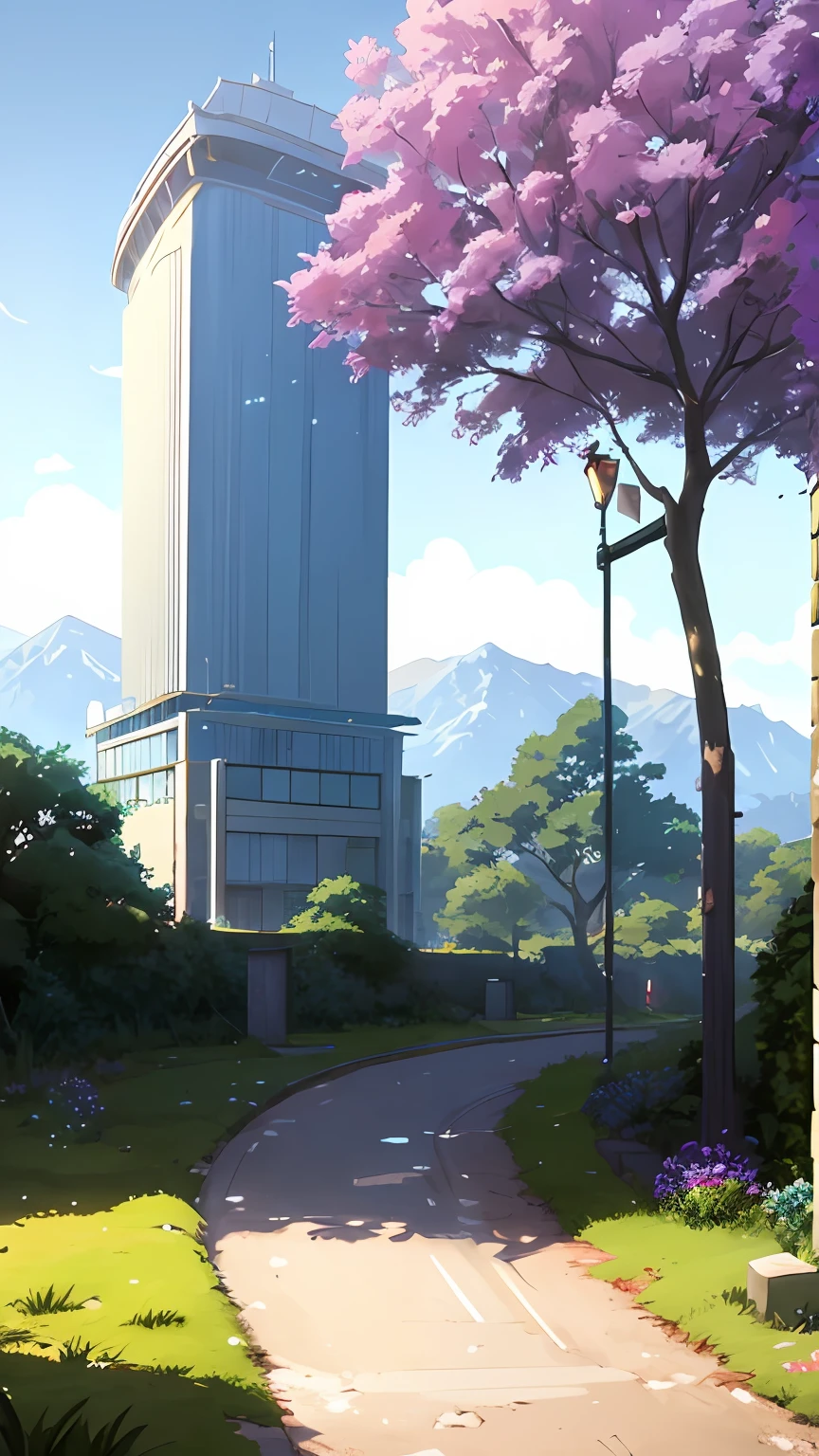 Anime scene of trees and buildings with street lights, studio glibly makoto shinkai, Makoto Shinkai. —h 2160, inspired by sylvain sarrailh, Makoto Shinkai. High detail, Anime landscapes, ( ( Makoto Shinkai ) ), Makoto Shinkai's style, Anime landscape concept art