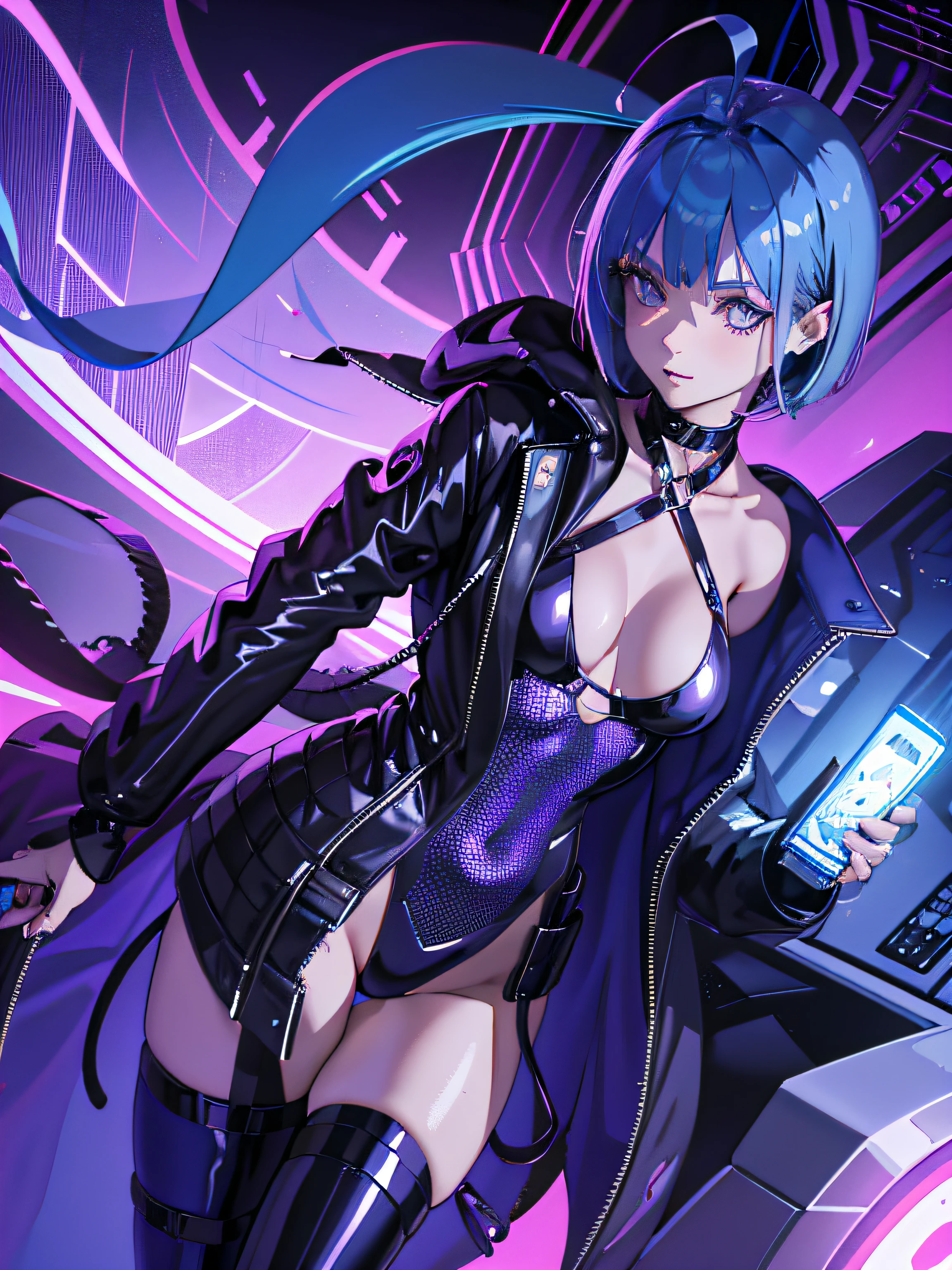 ((Masterpiece, Best quality)), (1girll), (Solo), (female focus), (ahoge, Blue hair, Short hair), Half-face gas mask, Purple eyes, Latex one-piece suit, Prosthetic right hand, Neon light, Dark cyberpunk city background, Stand cross-waist