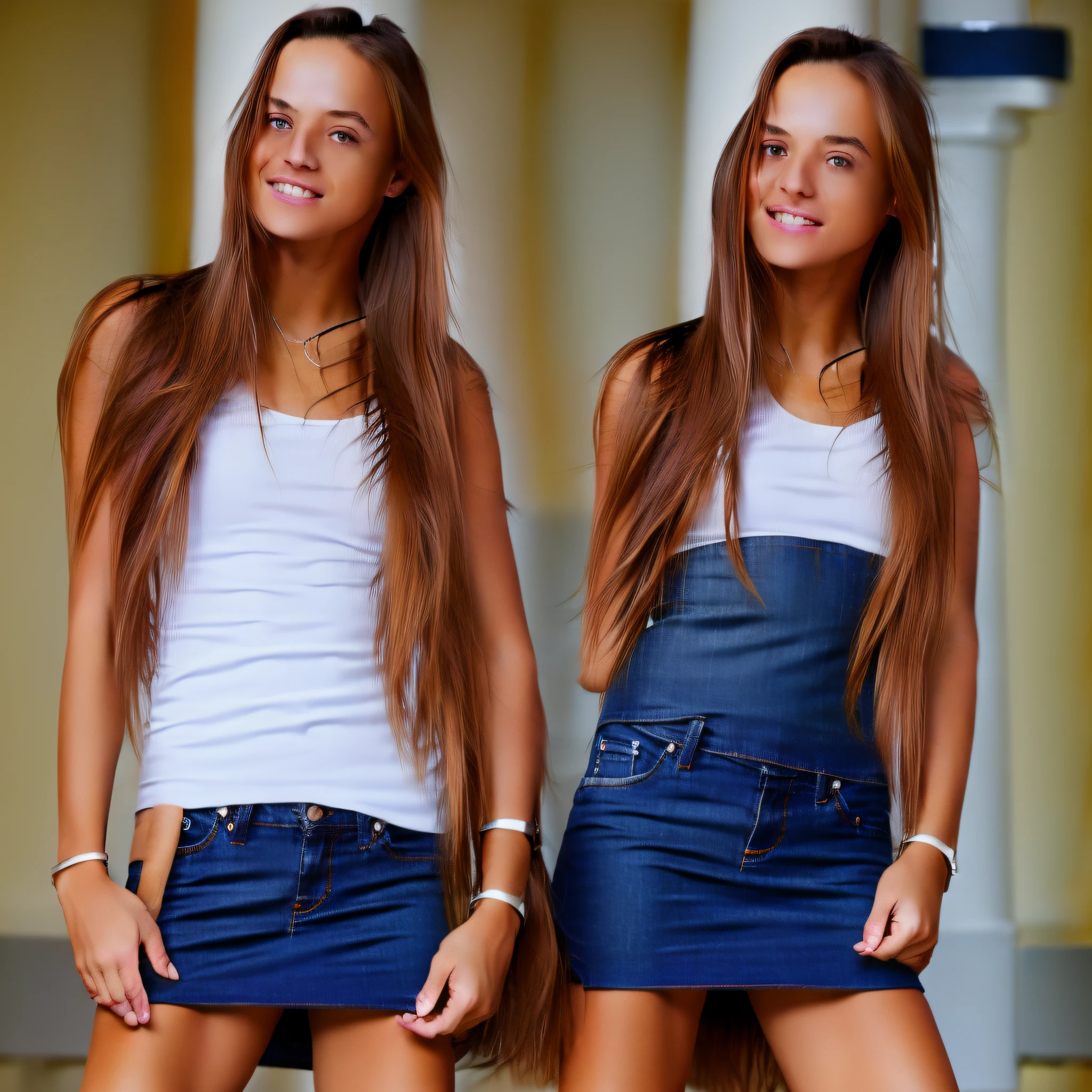 Real photos，Back focus，standing full-body，16 year old beautiful girl，with short golden hair，Light gray jeans，white  skirt，baseball cap，athletic sneakers，Walk shoulder to shoulder，CANON EOS R5 C，The background is a modern architectural style secondary school campus，Blue sky，Bright sunshine