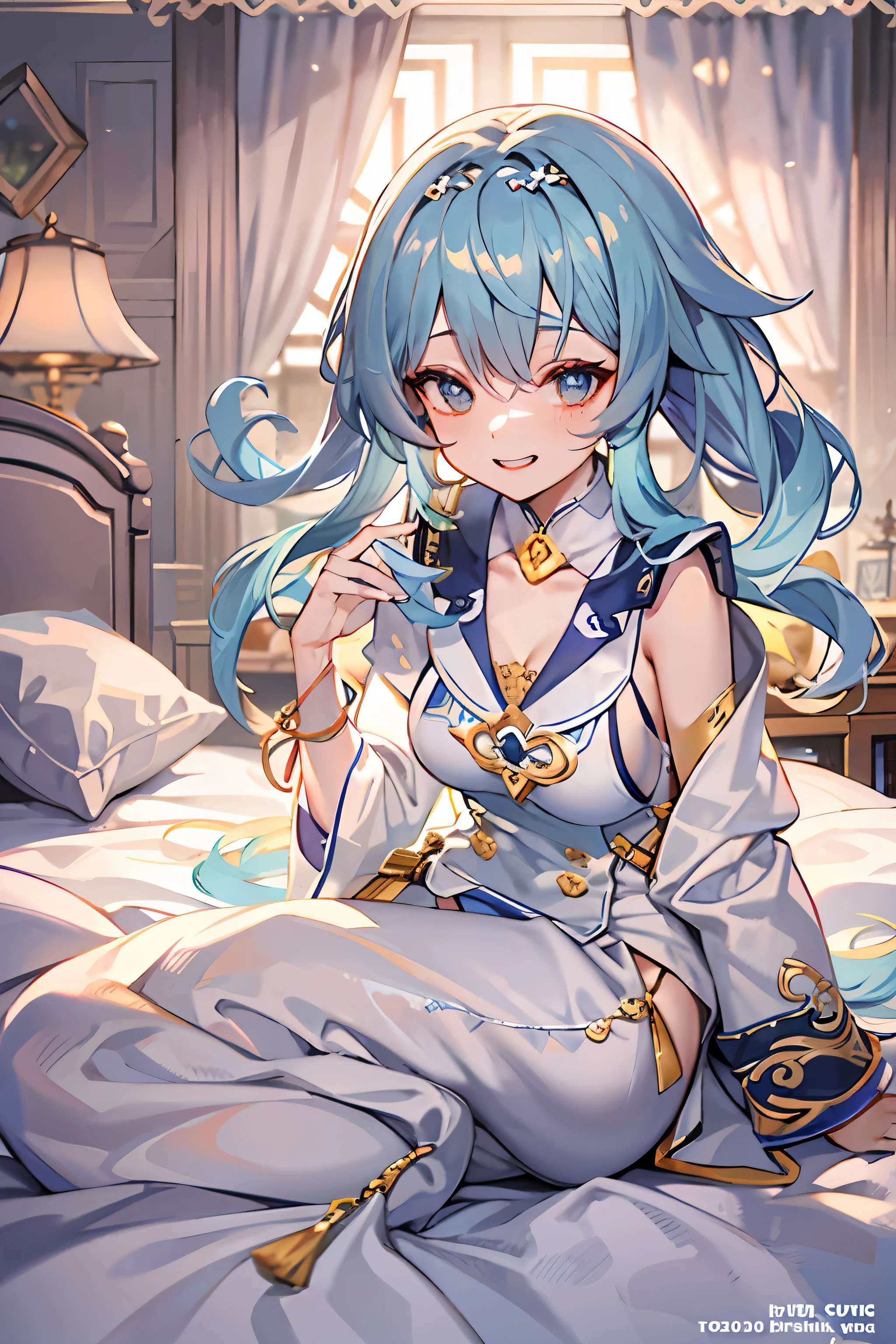 tmasterpiece,best qualtiy,4K,ultra - detailed,finely detailed face and eyes,cinmatic lighting,Sunlight through the window,Viewer at the top, Gan Yu\(Genshin Impact\),blue hairs,pyjamas,((dark circles around the eyes)),A sleepy girl yawns on the bed in her bedroom,UHR, with her mouth open, (Speaking heart:1.4)Eyebrows visible through hair,Gradient hair,grinning smile,long whitr hair,illustration,(Cover style:1.3),Fashionab,woman,with dynamism,posing on a,frontage,Colorful,dyna,Background with,element in,self-assured,Expressing the,halter,statement,Accessory windings,Runt,Touching pubic area,Scenes,text,Cover of a,boldness,attention-grabbing,titles,Fashionab,typeface,Catchy,titles,more big,Smart,modern day,Fashionab,focus-on、Fashionab、