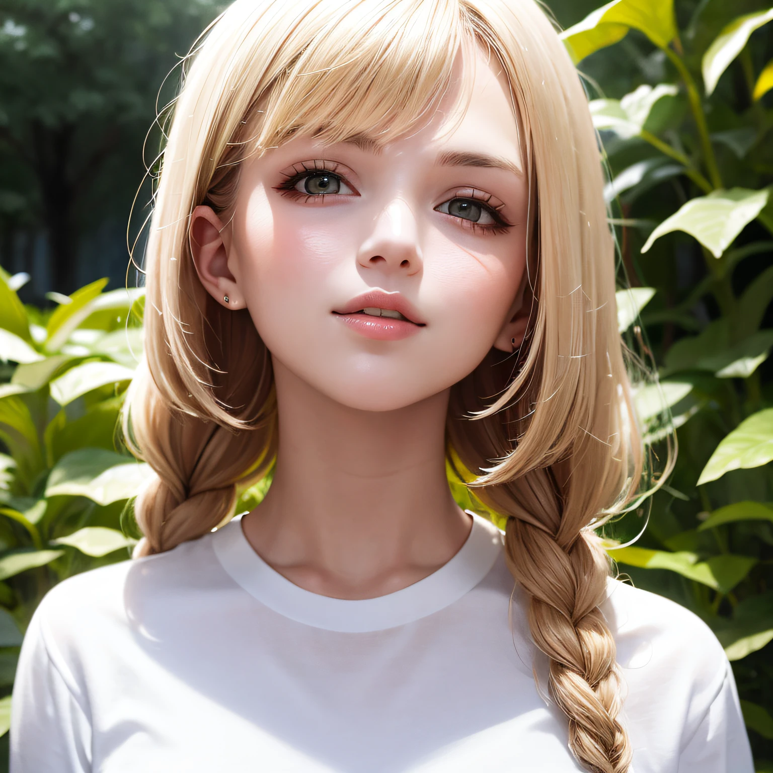 18yo girl，White shirt，Two twisted braids，blond hairbl，beautifulface，Lips slightly open，ssmile，busts，In the bushes，tmasterpiece，exquisite detailing