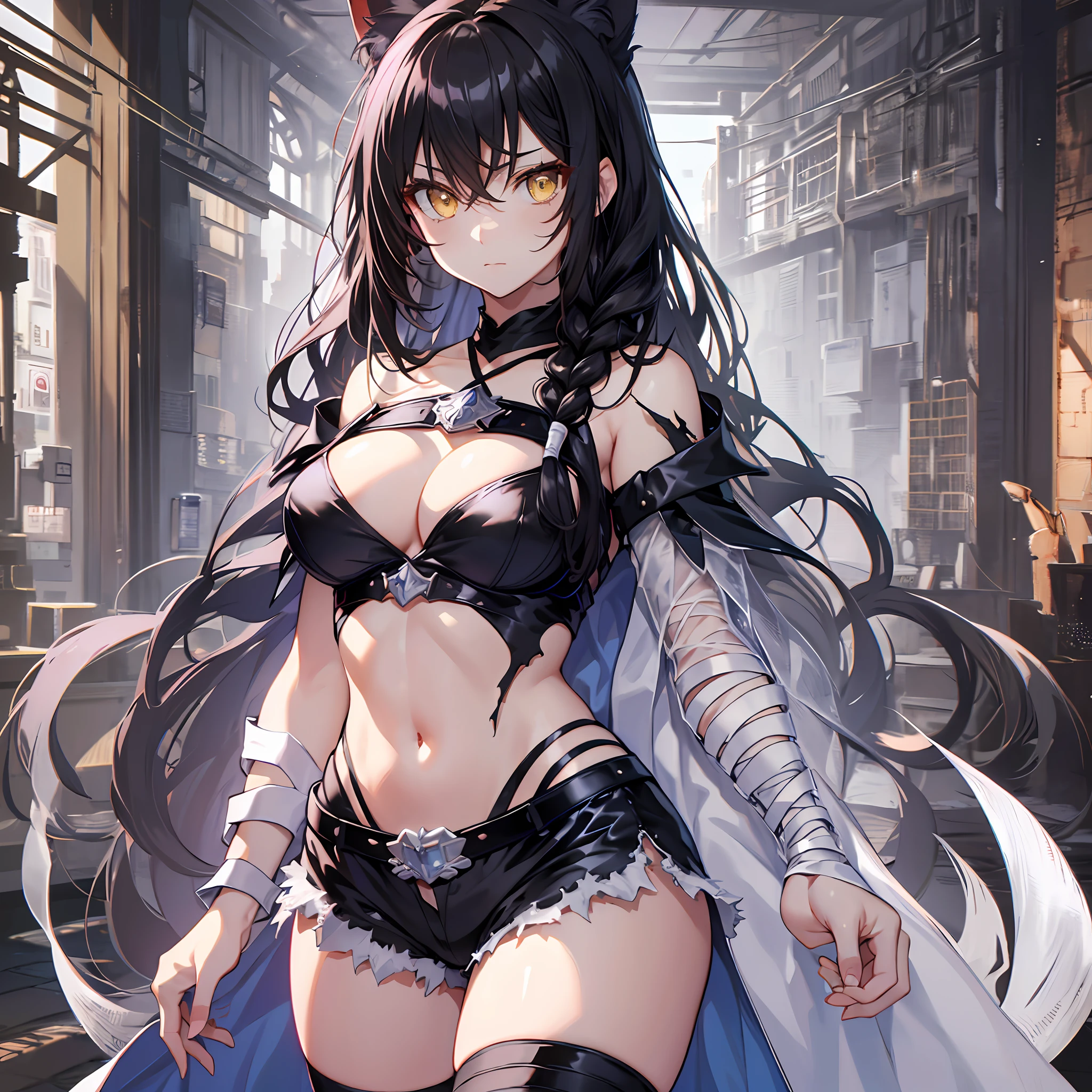 unparalleled masterpiece ever、超8k CG、超A high resolution、erfect artwork、clean and beautiful face、pure face、Hair in the details、Fine beautiful eyes and face、beatiful detailed eyes、Very extreme details、best qualtiy、Perfect illustration、extremely delicate and beautiful、extremely details CG、8k wallpaper、astonishing、finely detail、Official Art、Very detailed CG 8k wallpaper、Incredibly ridiculous、huge filesize、 ultra-detailliert、ighly detailed、a beautiful detailed girl、extremely detailed eye and face、1girl in、独奏、Velvet Crow、((low tied hair、Dark hair、length hair))、((bandaged、bandaged arms、Bandaged left arm))、((a matural female、A MILF))、large full breasts、(yellow  eyes:1.2)、Red shirt、Midriff、a navel、ripped clothing、Black shorts、(single braid:1.4)、On the shoulder braid、((Single gauntlet、Right Arm Bridal Gauntlet))、 a navel、bare shoulders​、a black choker、abdominals、((Wearing a torn leg、black thighhighs))、looking at the viewers、((Kemomimi))