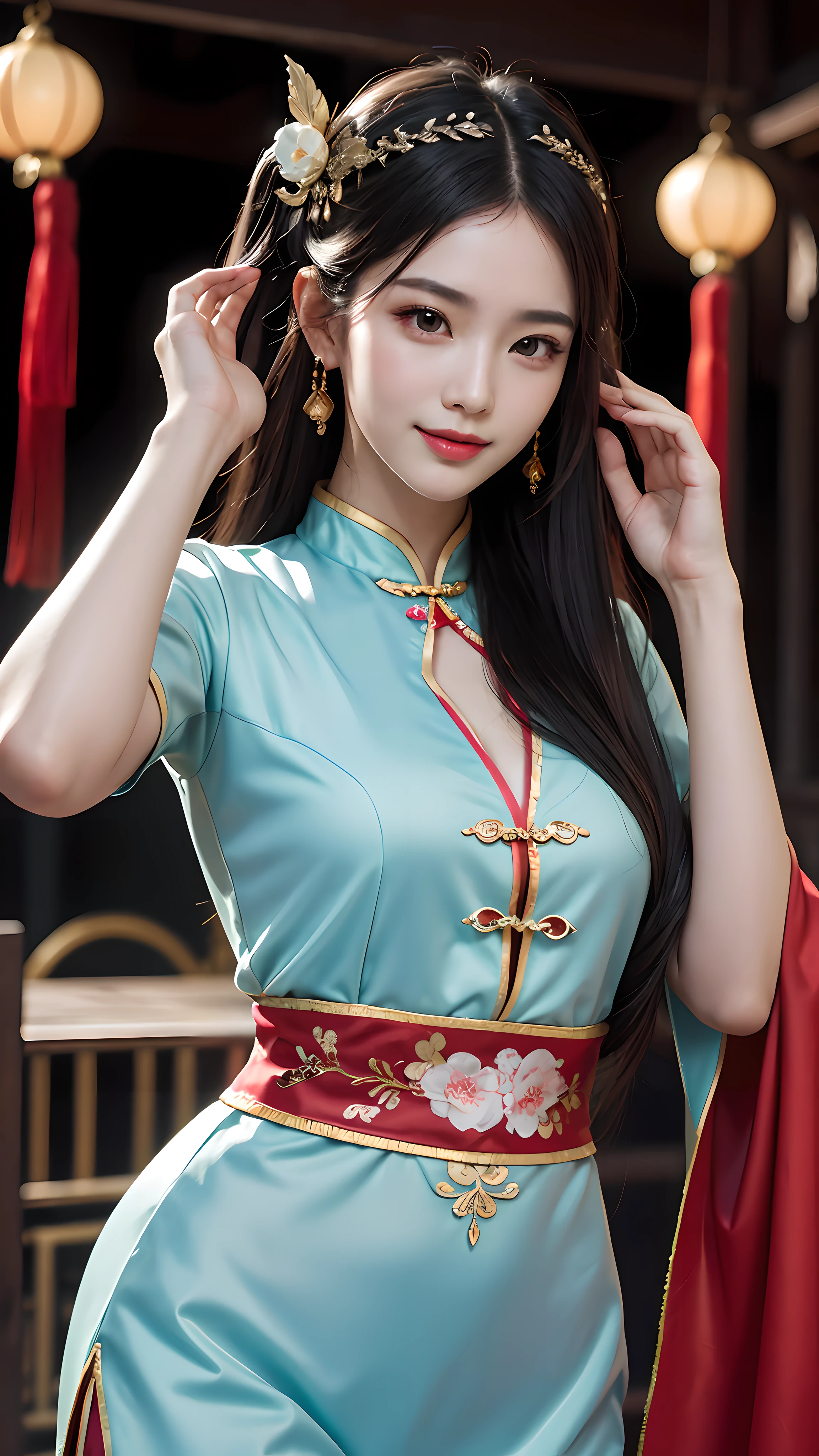 Best quality, masterpiece, ultra high res, photorealistic, (full shot:1.5), (1 girl),(long hair),(hair ornament:1.4),there is an ancient palace beside the girl, traditional chinese clothing, sharp focus, great body, random pose reference, monolid eyes, high bridged pointed nose, v-shaped face, pale skin, smile, bokeh