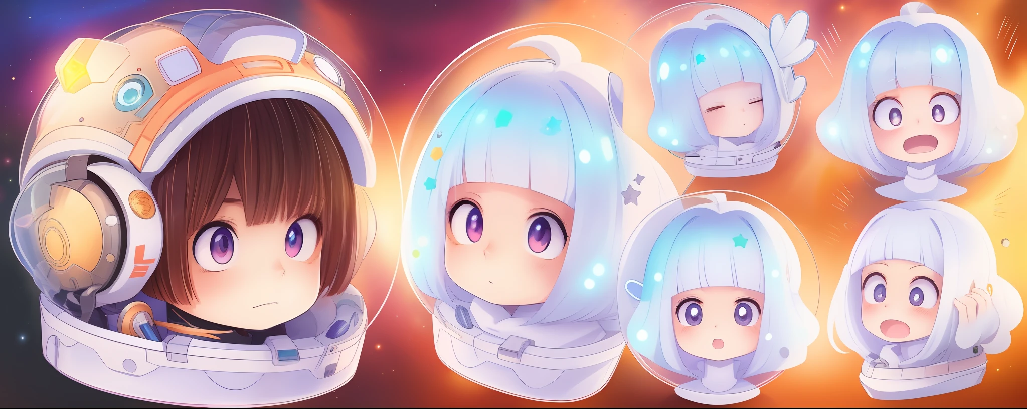 Manga of girls with different expressions and expressions, portrait anime space cadet girl, eyes with brightness，The eyes are as clear as half water，glowing light eyes，Official illustration, Cute anime style, comic artstyle