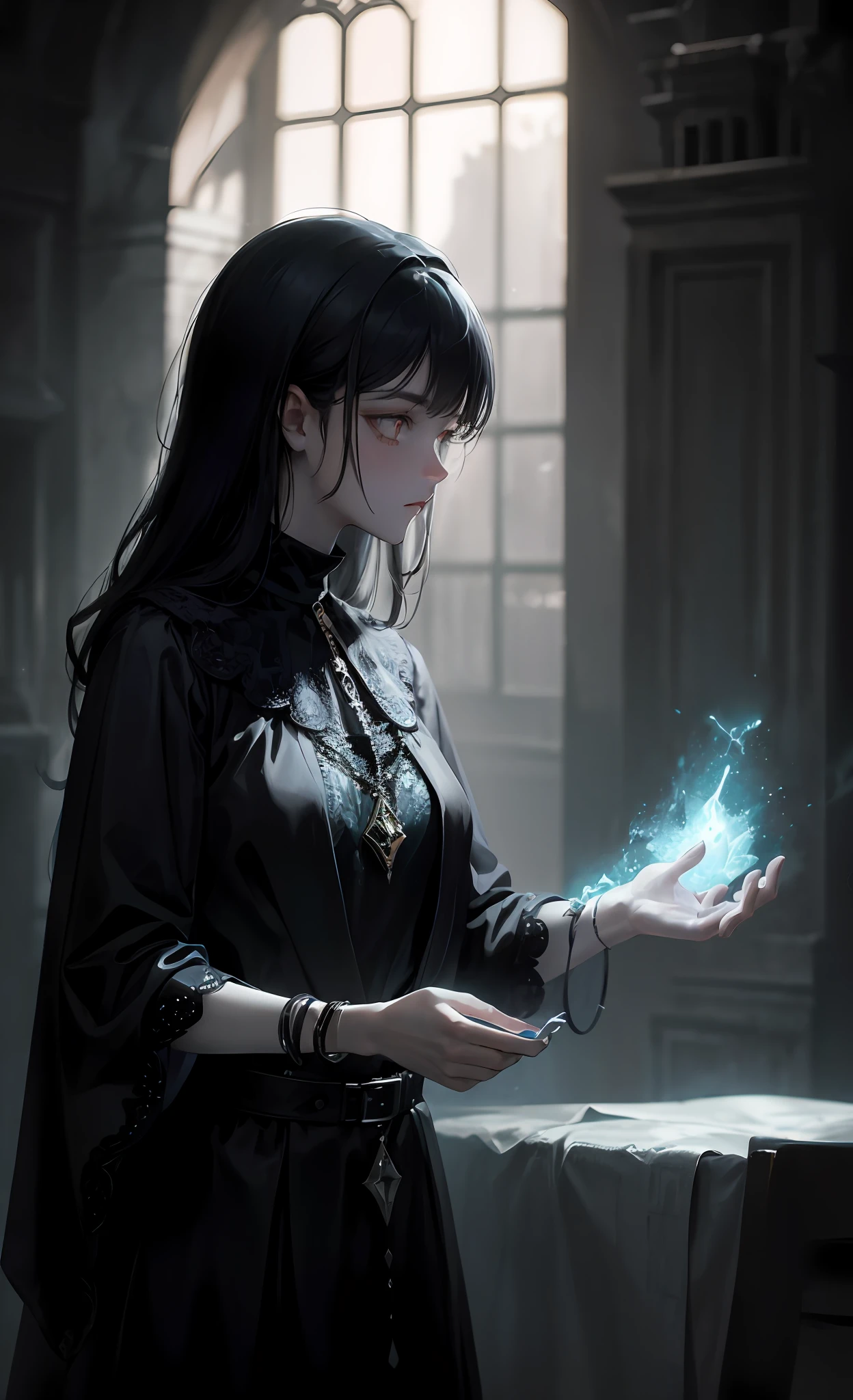 tmasterpiece,best qualtiy,mixing potions,Dark moody lighting,with light glowing,with light glowing,mistic,mistic,magical,edge lit,Look down