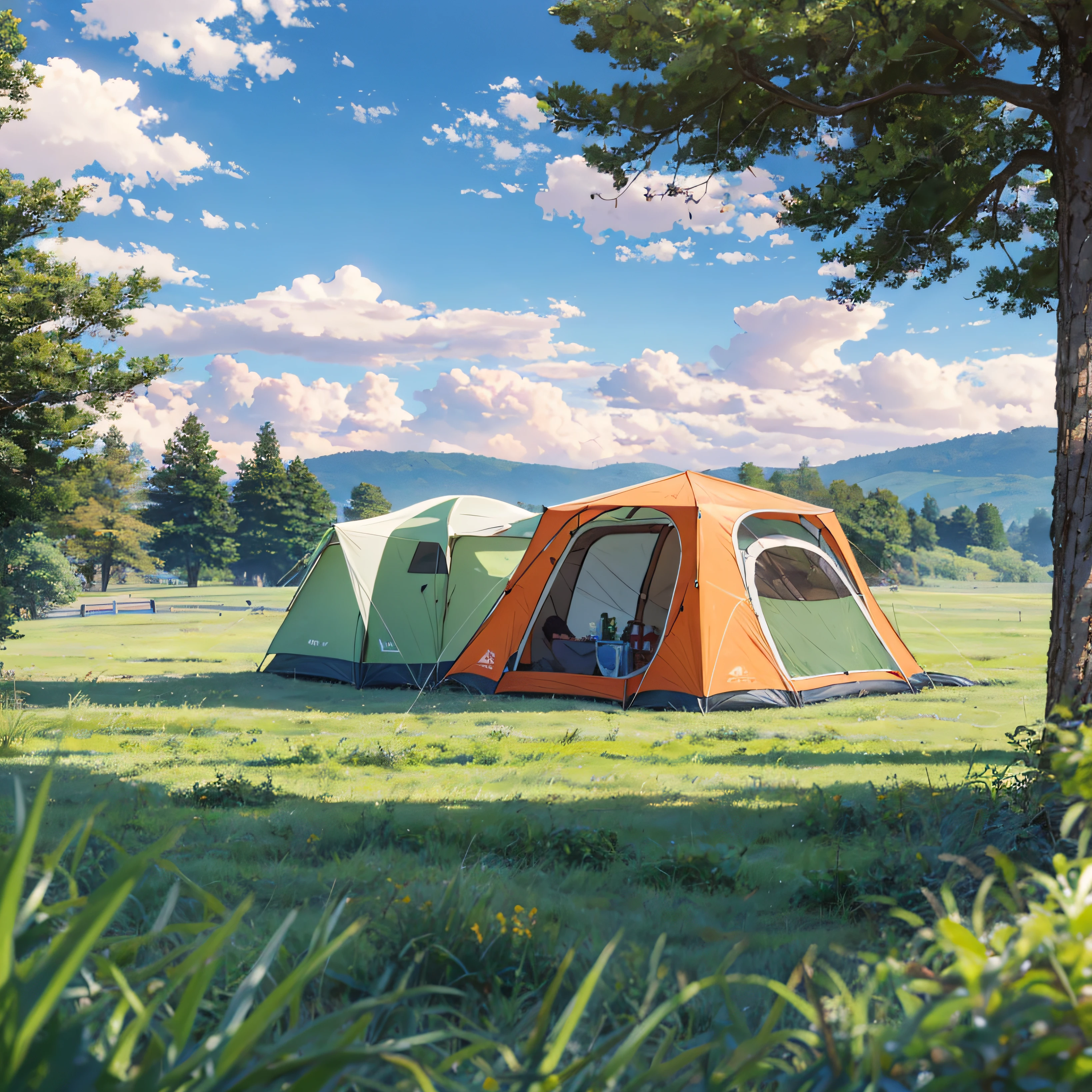 Green meadows，camping，An orange tent，Nice scenery in the distance，with blue sky and white clouds ，Characters picnic