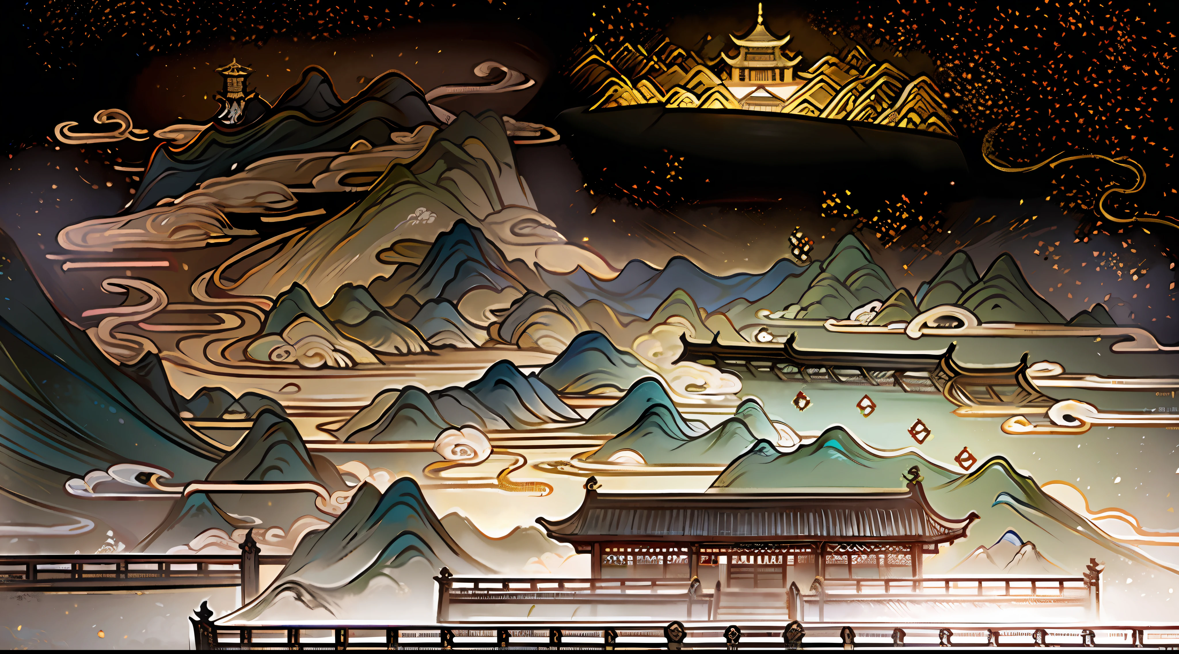 An ancient Chinese painting, ancient Chinese background, mountains, rivers, auspicious clouds, pavilions, sunshine, masterpieces, super detail, epic composition, ultra HD, high quality, extremely detailed, official art, unified 8k wallpaper, Super detail, 32k -- v 6