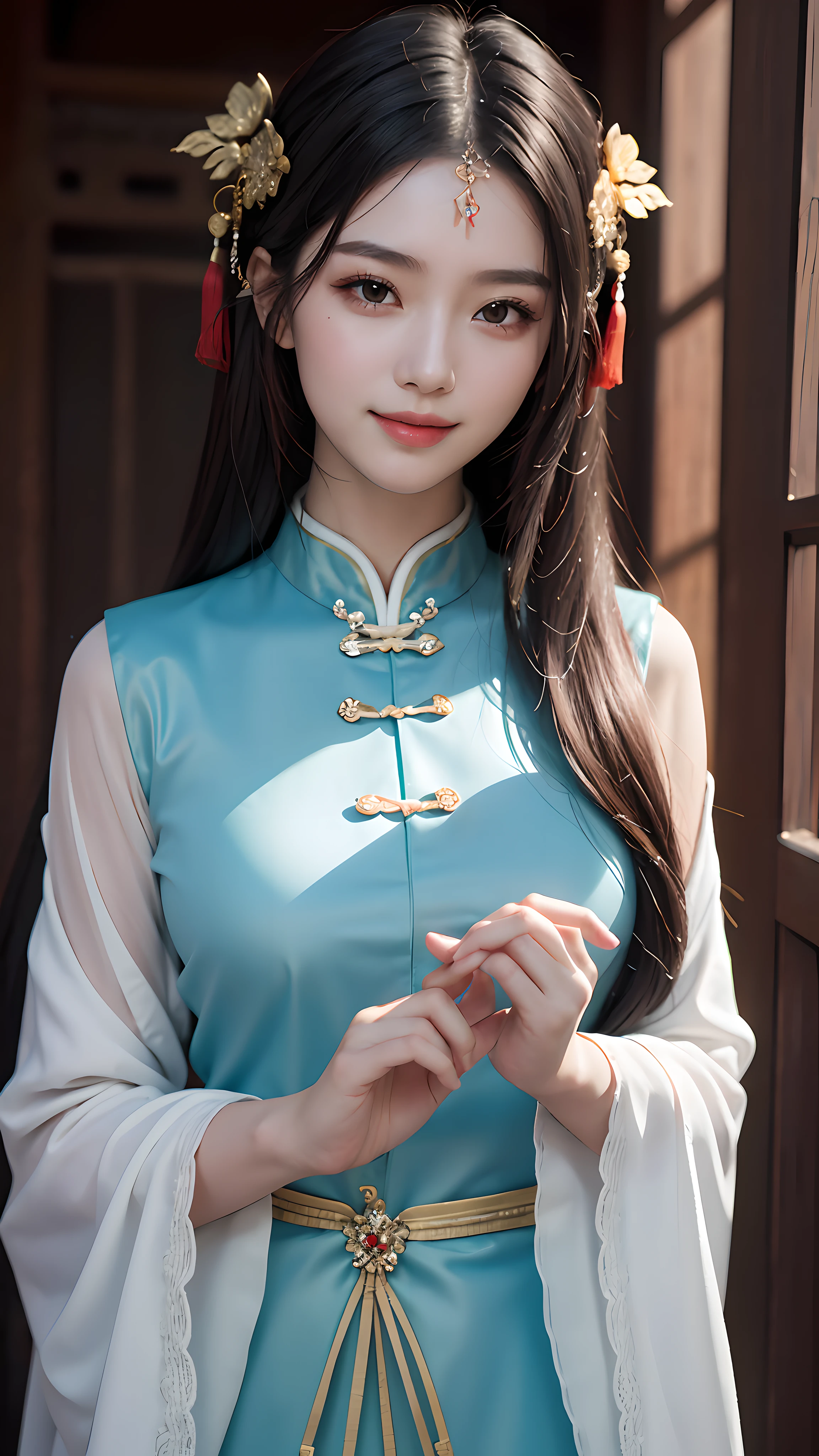 Best quality, masterpiece, ultra high res, photorealistic, (full shot:1.5), (1 girl),(long hair),(hair ornament:1.4),there is an ancient palace beside the girl, traditional chinese clothing, sharp focus, great body, random pose reference, monolid eyes, high bridged pointed nose, v-shaped face, pale skin, smile, bokeh