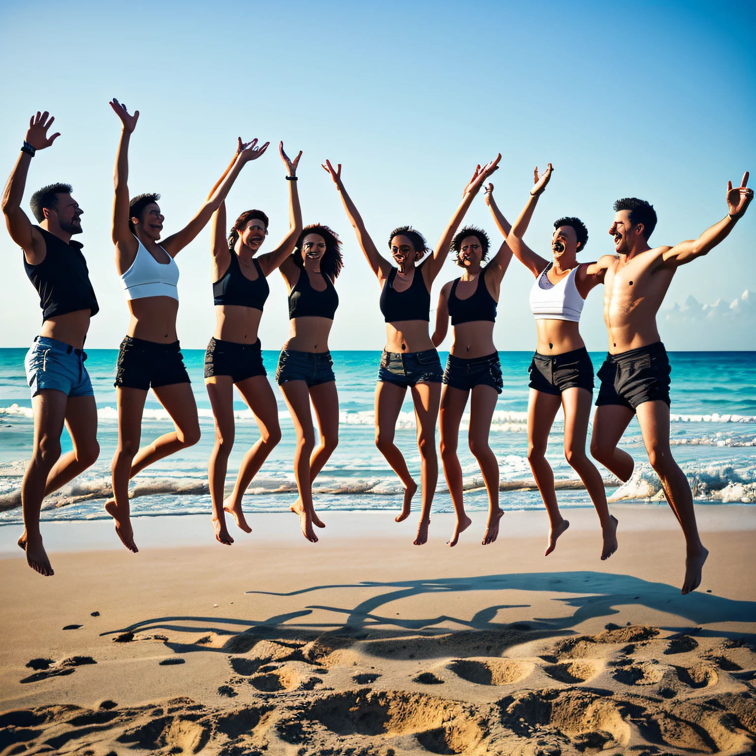 ultra-realistic photo, a group of people, 4 women and 5 men on the beach, near the shore are lined up and jump, move their arms as a sign of happiness and friendship, are facing those who take the photo --auto