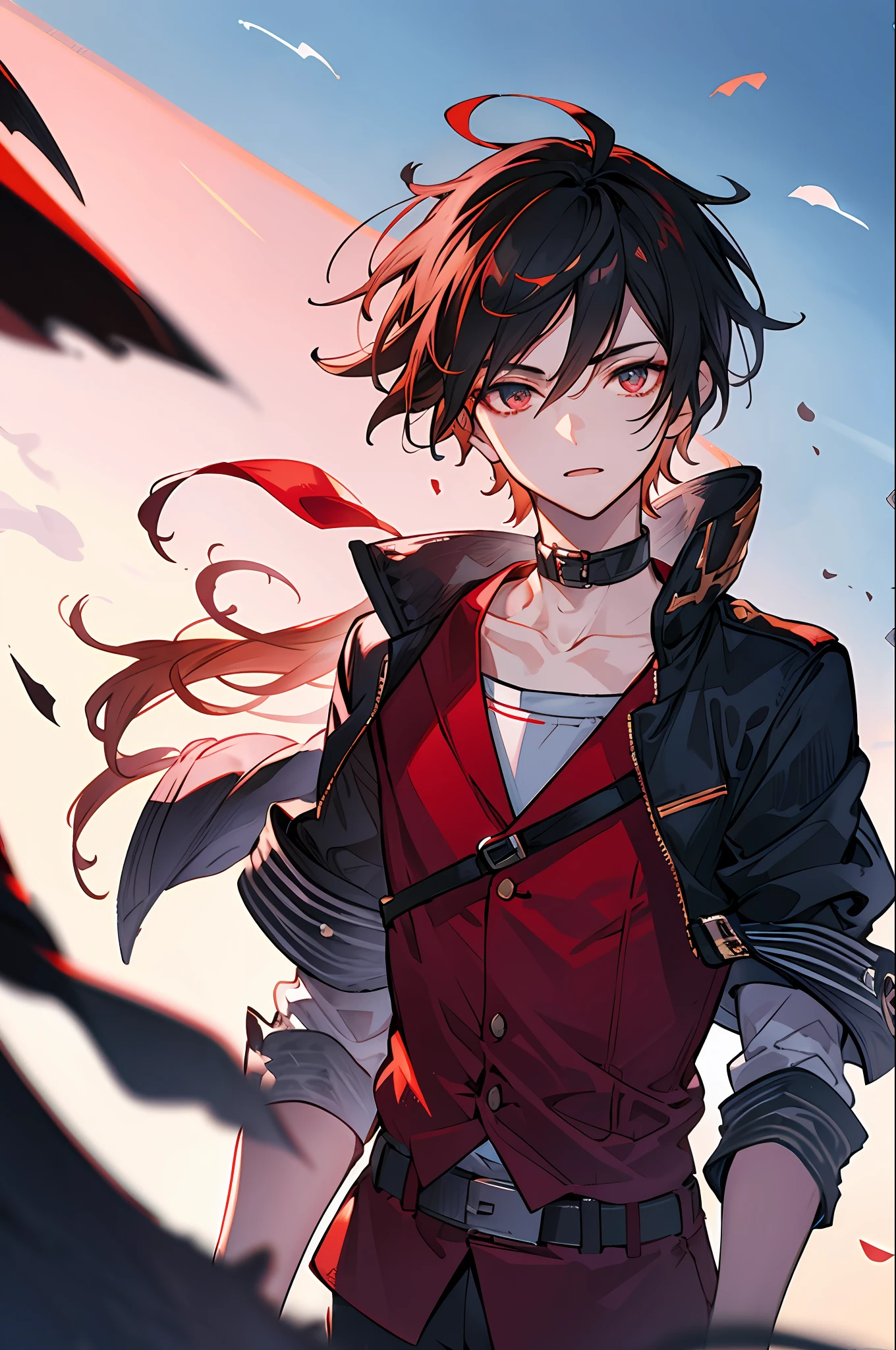 simple background, e7haste, 1boy, solo, focus, jacket, choker, red collar, shorts, walking, shadow, side lighting, night sky, hard light, dramatic light, upper body,