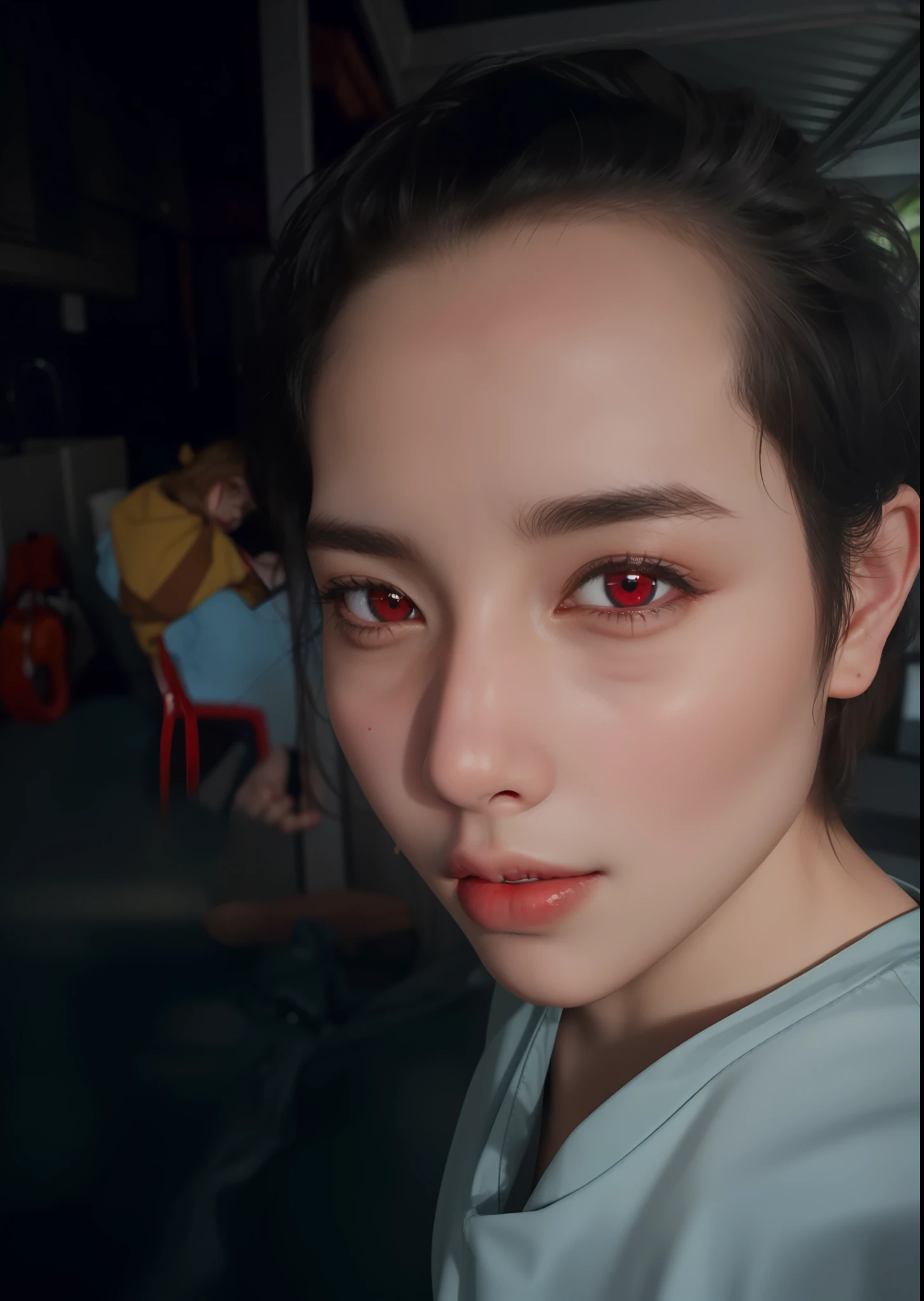 there is a woman that is taking a selfie with her cell phone, his eyes glowing red, his eyes are red and glowing, with glowing red eyes, red eyes and a slim face, with red glowing eyes, intense watery glowing red eyes, fully red eyes no pupils, fully red eyes, red contacts, ((red)) baggy eyes, 4 0 years old man