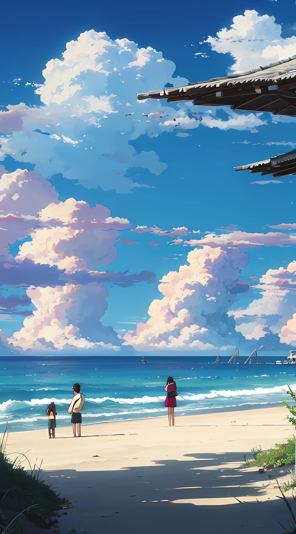 8k hdr，Looking out to sea from the beach，There are people on the beach，Faraway view，Studio Ghibli Sky，Studio Ghibli view，Ghibli Studio Environment，Studio Ghibli Sunshine，Detailed scenery – width 672，in style of hayao miyazaki，author：hiyao miyazaki，Beautiful fluffy clouds，anime big breast，author：hiyao miyazaki，Studio Ghibli composition