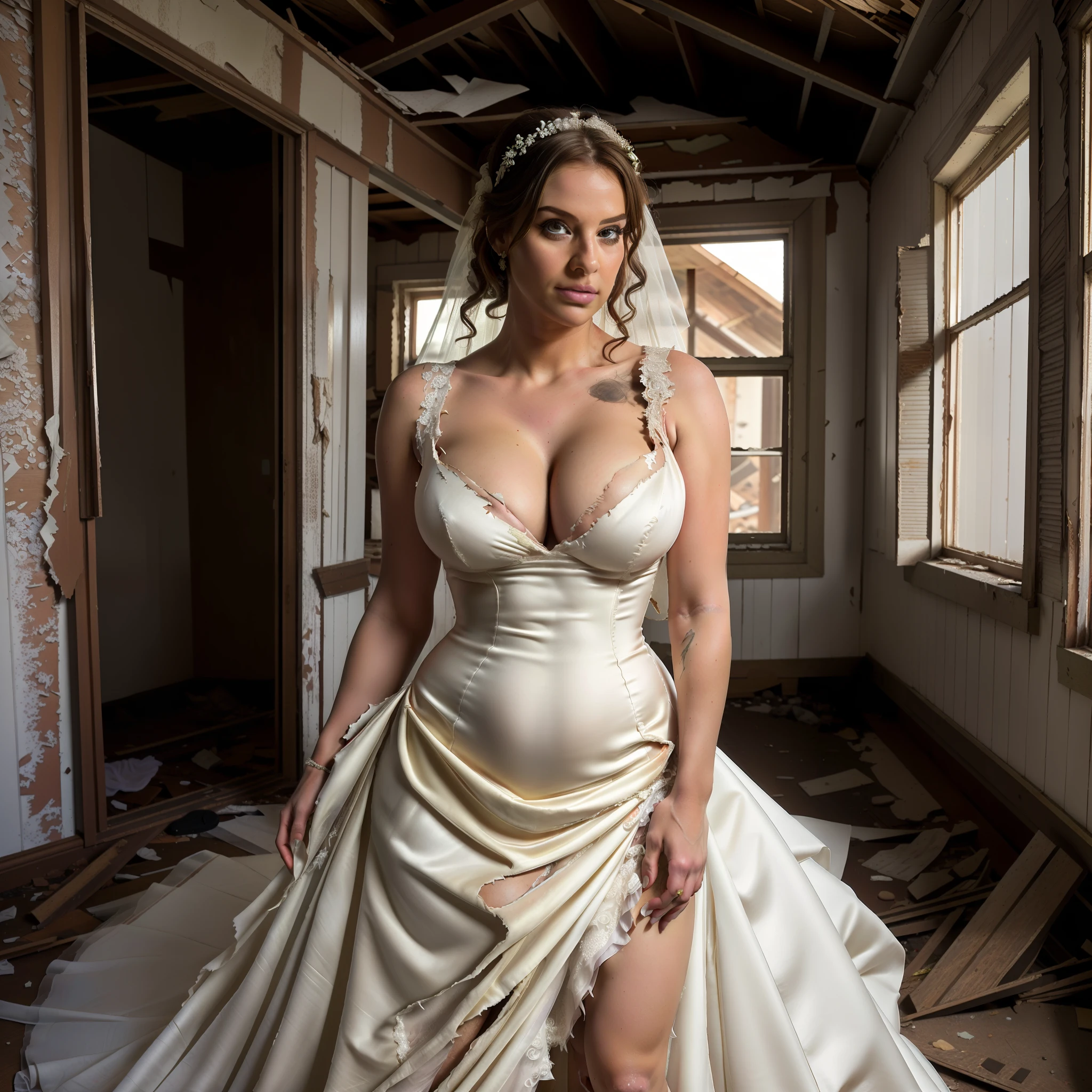 top-quality, masterpiece, 36K, very high res, hyper realistic photography, (((Full body shot))), 1girl in, perfect human shape, ((outfit: torn, Wedding dress)), Portrait, hyper detailed face, ultra realistic textures, (leaning forward pose, Abandoned house), ultra huge cleavage, Shaved armpits exposed, (Beautiful sexy bride), nipple disclosed from down blouse pose,