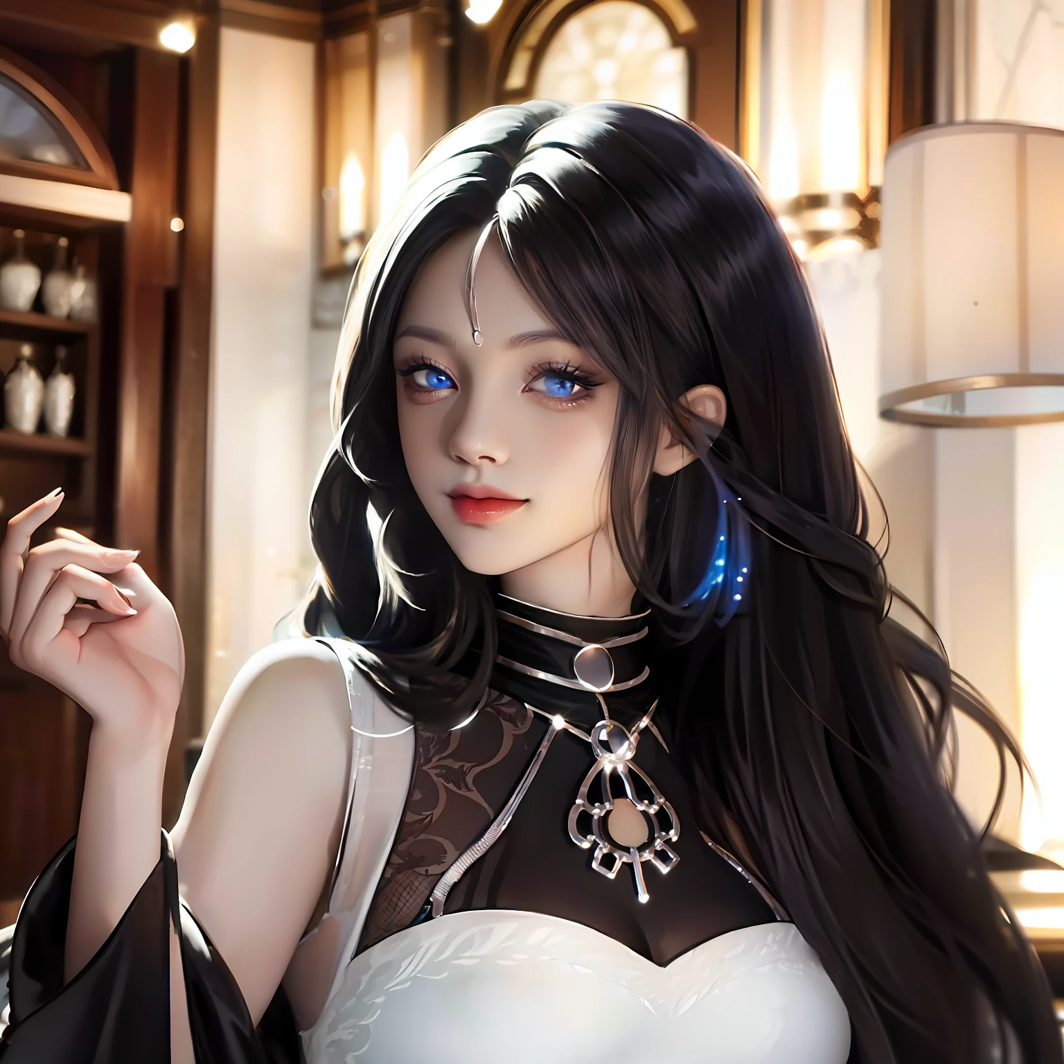 Off-white hair,black color dress,Slightly fat,The upper part of the body,look up to,Light smile,Blue eyes,tmasterpiece,Need